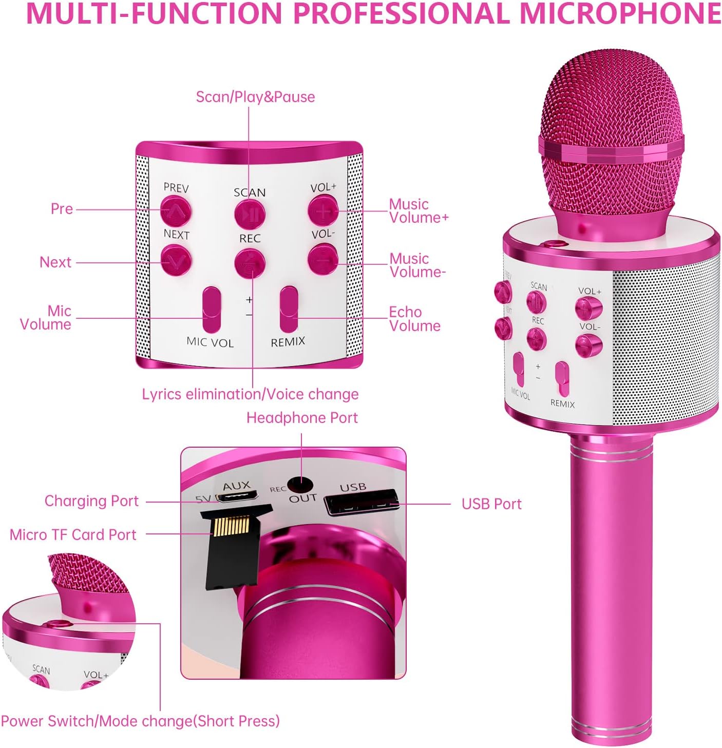 ميكروفون GIFTMIC للأطفال للغناء، ميكروفون كاريوكي لاسلكي يعمل بالبلوتوث للبالغين، جهاز كاريوكي محمول باليد، ألعاب للأولاد والبنات هدية لحفلات أعياد الميلاد (أرجواني)