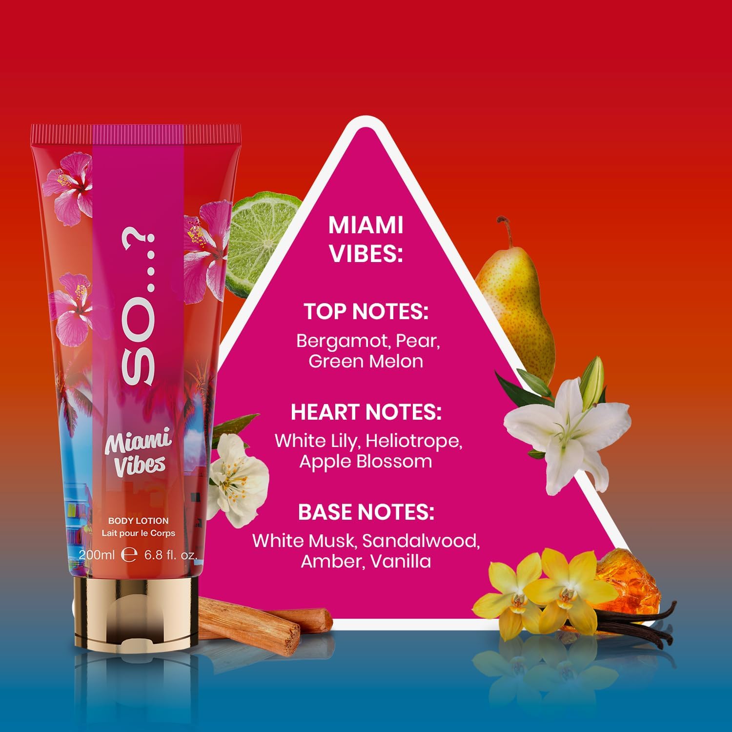 So…? Escapes Women's Miami Vibes Fruity and Floral Hydrating Body Lotion 200ml With Sweet Pear, Green Melon and Apple Blossom Fragrance, Cruelty Free