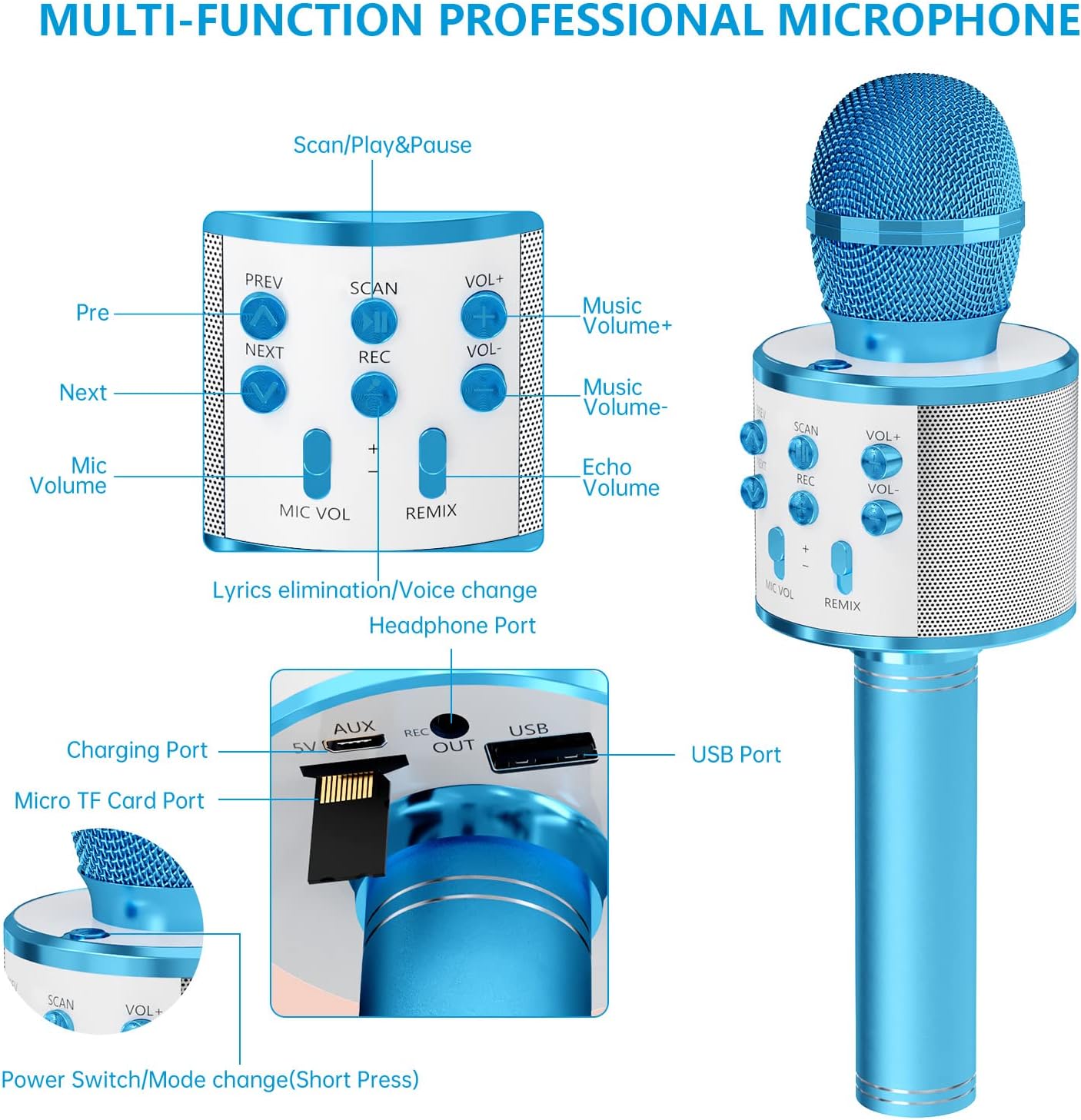 ميكروفون GIFTMIC للأطفال للغناء، ميكروفون كاريوكي لاسلكي يعمل بالبلوتوث للبالغين، جهاز كاريوكي محمول باليد، ألعاب للأولاد والبنات هدية لحفلات أعياد الميلاد (أزرق)