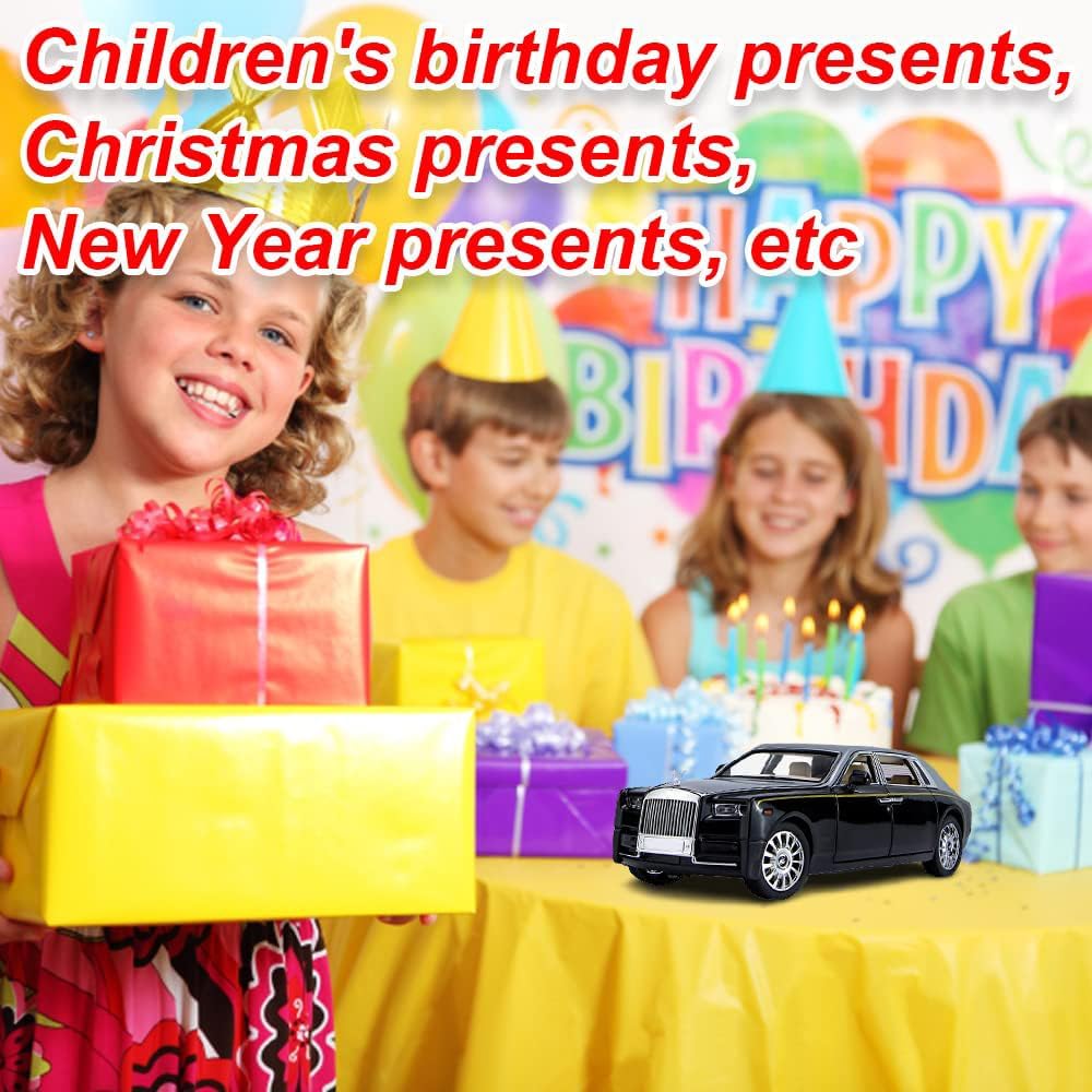 إصدار مطور من EROCK - نموذج سيارة رائع بمقياس 1/24 من سيارة رولز رويس فانتوم، سيارة لعبة من سبائك الزنك قابلة للسحب للخلف مع صوت وإضاءة للأطفال والأولاد والبنات. (فضي-أسود)