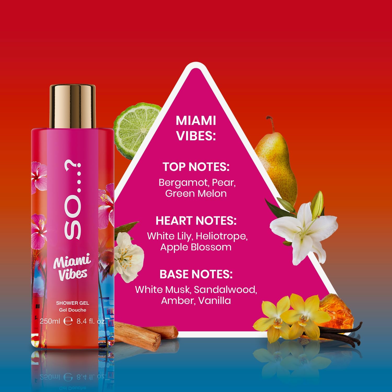 So…? Escapes Women's Miami Vibes Fruity and Floral Nourishing Shower Gel 250ml With Sweet Pear, Green Melon and Apple Blossom Fragrance, Cruelty Free