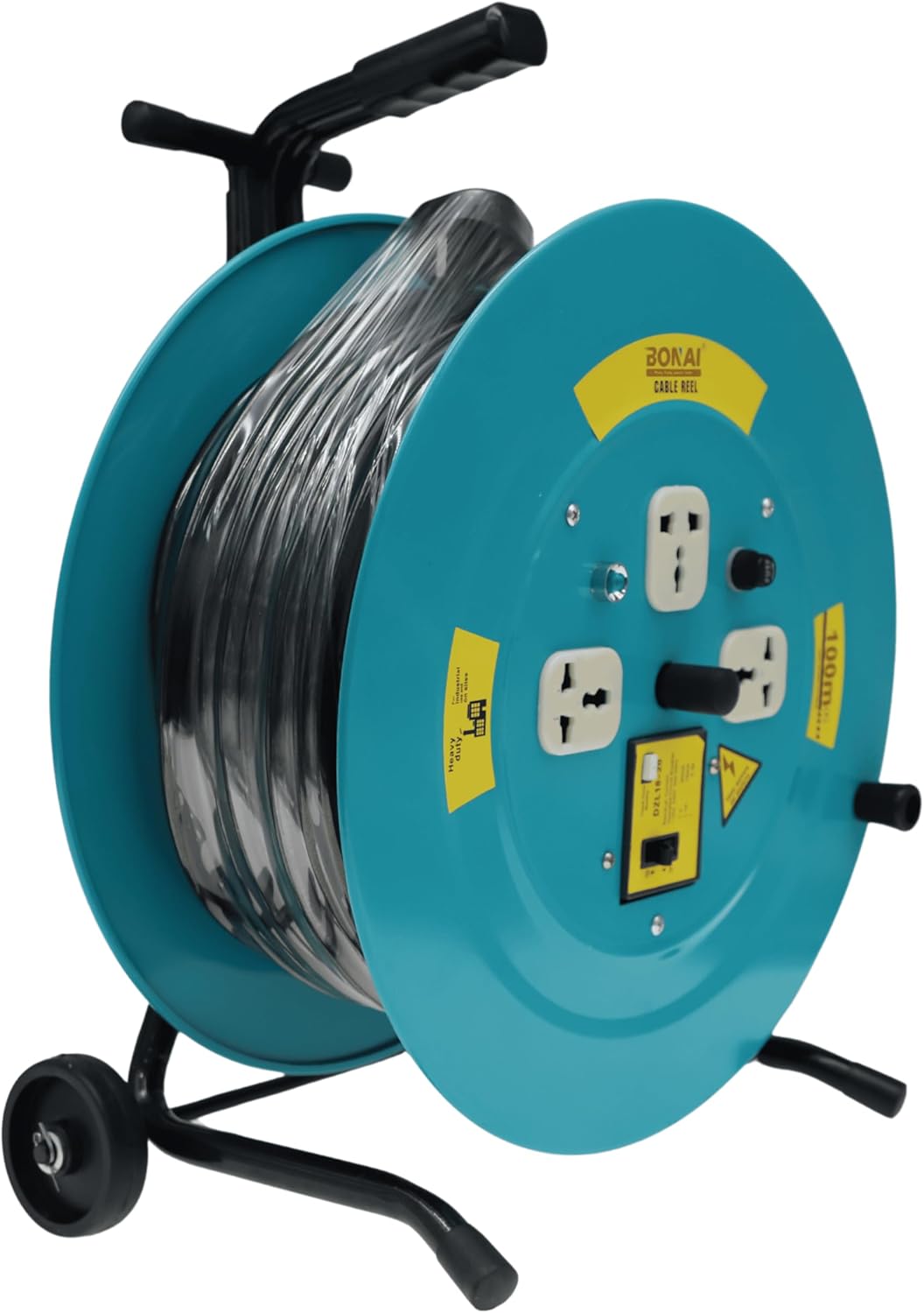 Bonai BN-HK95 100m Heavy Duty Cable Reel with Adjustable Handle & Wheels, 3 Socket Power Extension Drum, 220-240V Industrial Wire Reel, 2x2.5mm² Electric Cord for Workshop, Construction & Outdoor