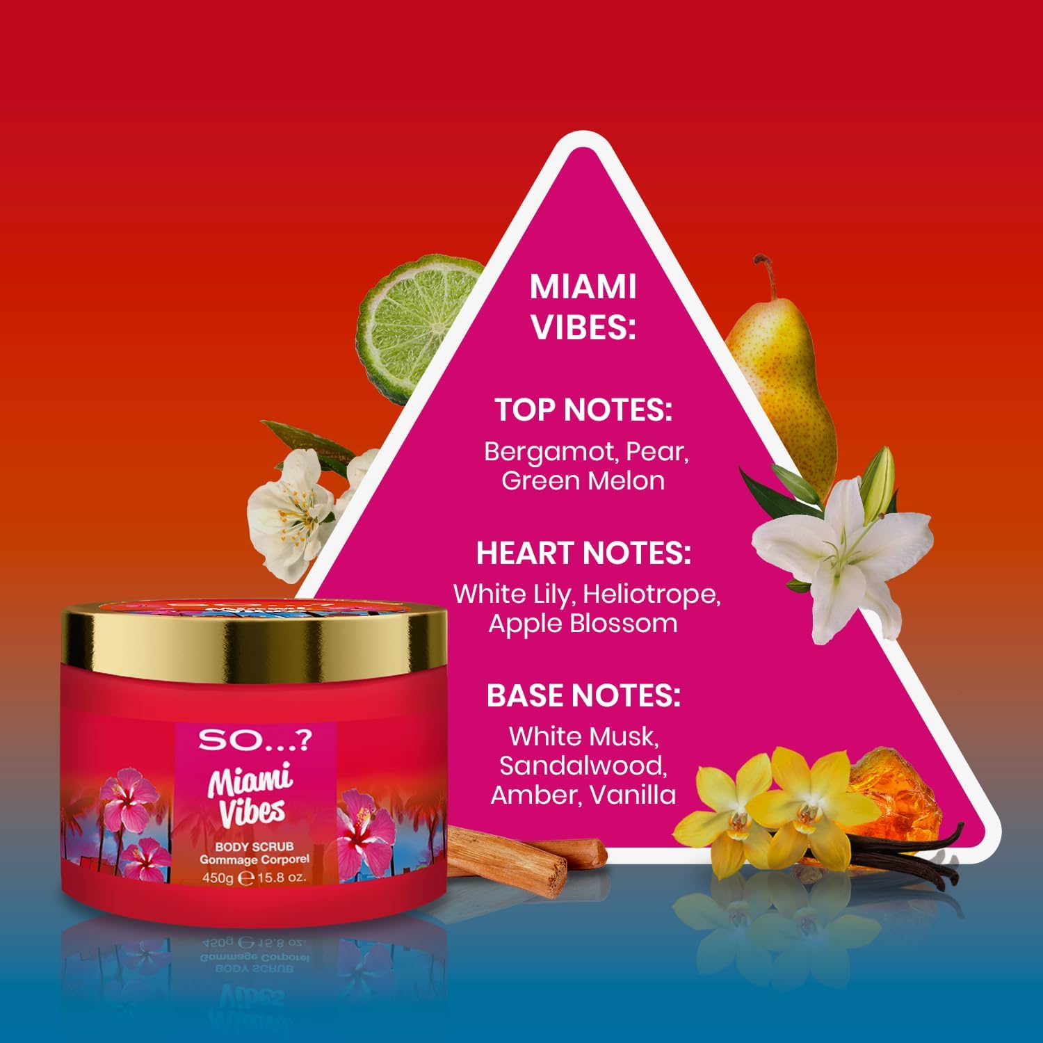 So…? Escapes Women's Miami Vibes Fruity and Floral Exfoliating Body Scrub 450g With Sweet Pear, Green Melon and Apple Blossom Fragrance, Cruelty Free