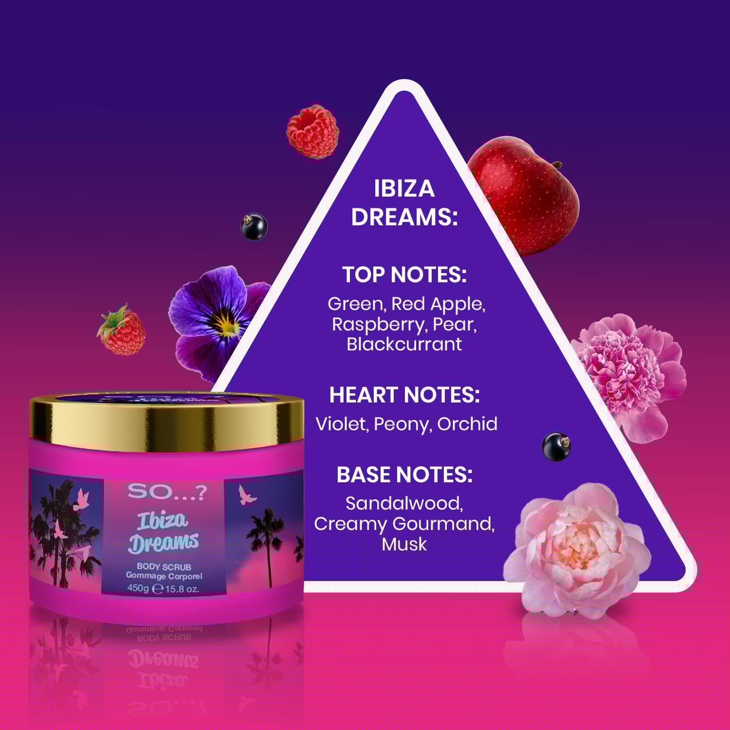 SO Escapes Women's Ibiza Dreams Fruity and Floral Exfoliating Body Scrub 450ml with Sweet Red Apple, Raspberry and Violet Fragrance, Crultey Free