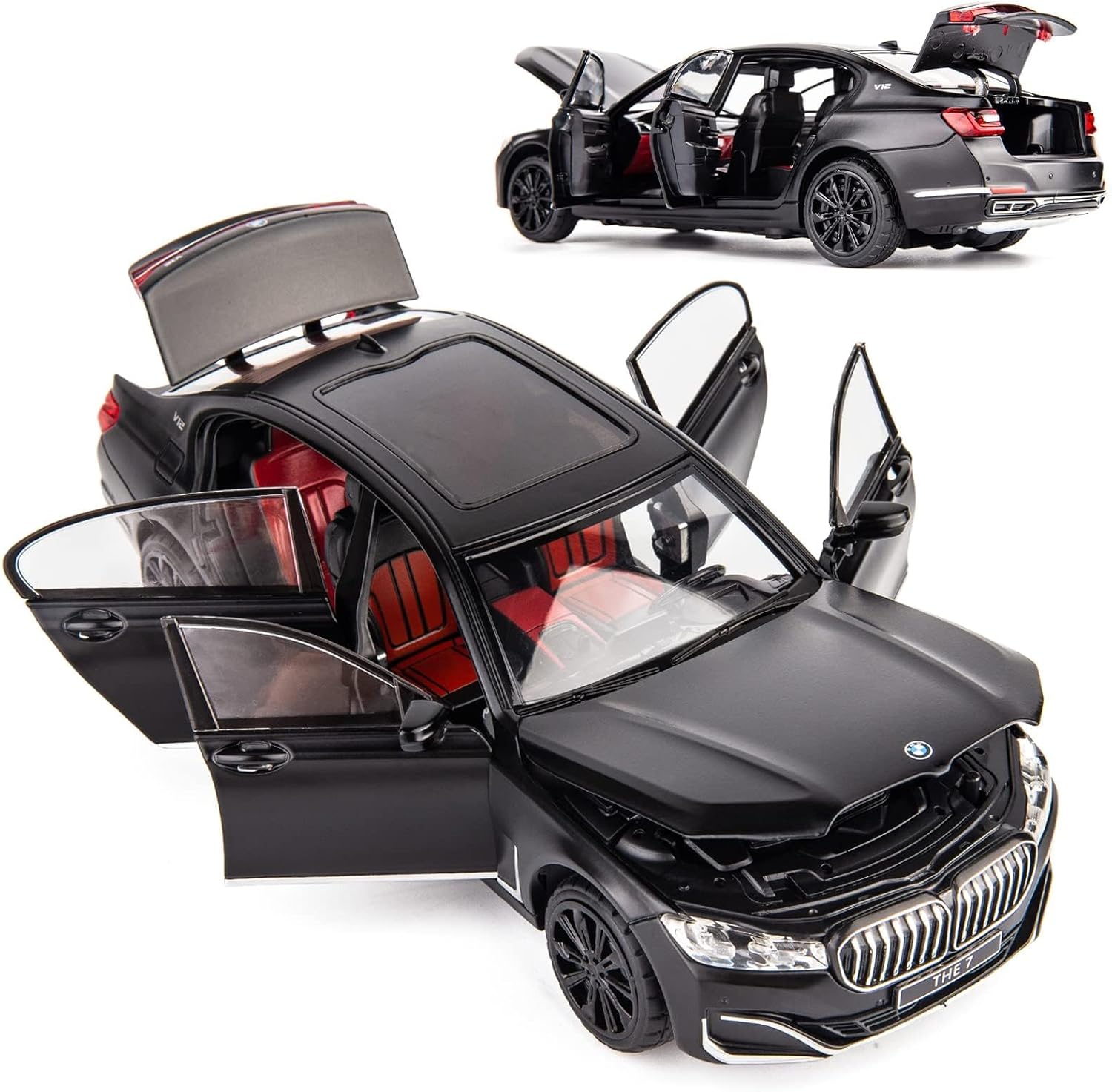 BDTCTK 1/24 متوافقة مع سيارة BMW 760 النموذجية، سيارة لعبة من سبائك الزنك قابلة للسحب للخلف مع صوت وإضاءة للأطفال الأولاد والبنات (أسود)، C341-1