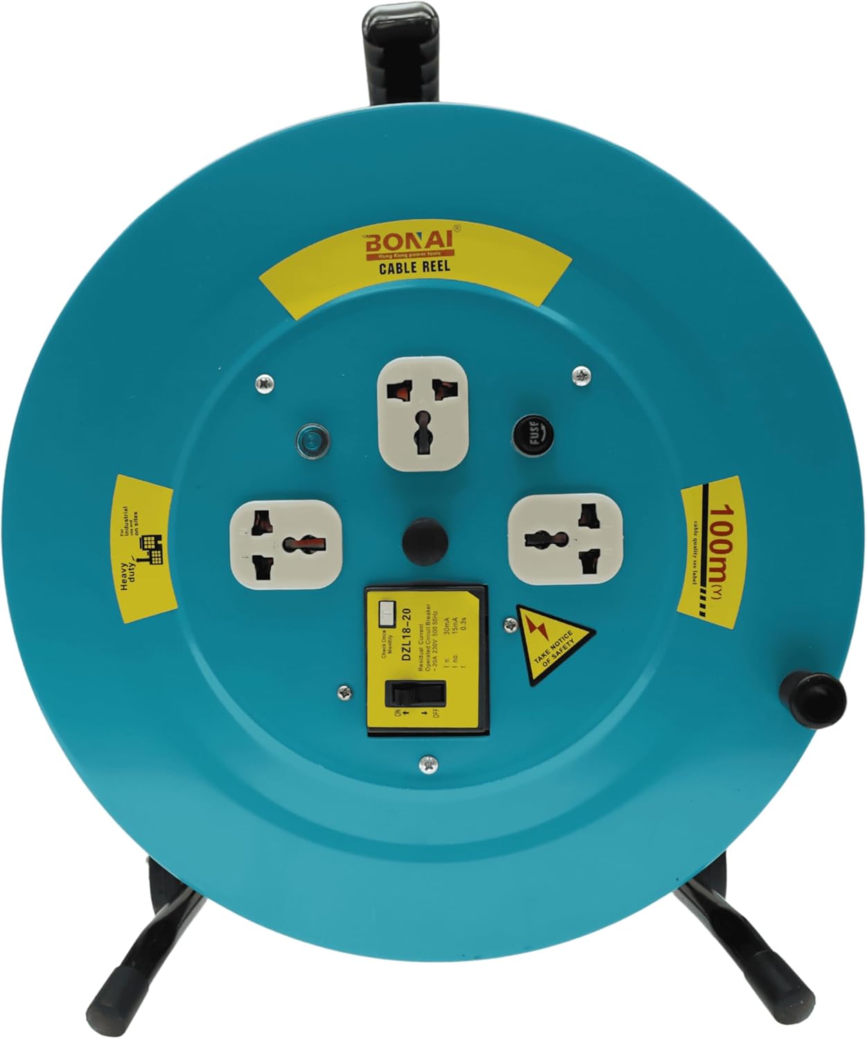 Bonai BN-HK95 100m Heavy Duty Cable Reel with Adjustable Handle & Wheels, 3 Socket Power Extension Drum, 220-240V Industrial Wire Reel, 2x2.5mm² Electric Cord for Workshop, Construction & Outdoor