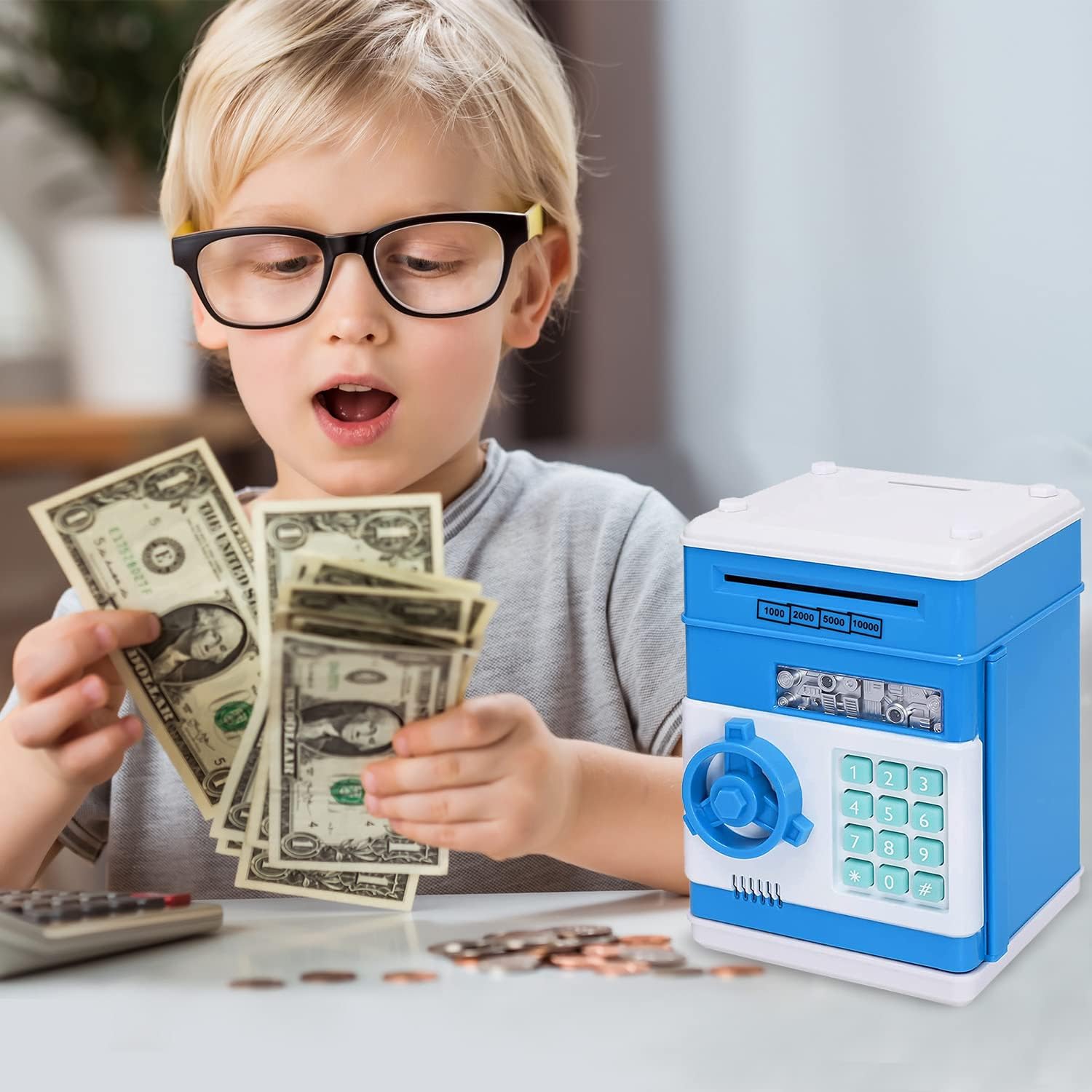 Acalu Piggy Bank boalord for Kids, Mini ATM Auto Scroll Paper Coin Bank Money Saving Box with Password, Cashes & Coins Saving Box for Boys and Grils Gifts Toys (Blue)