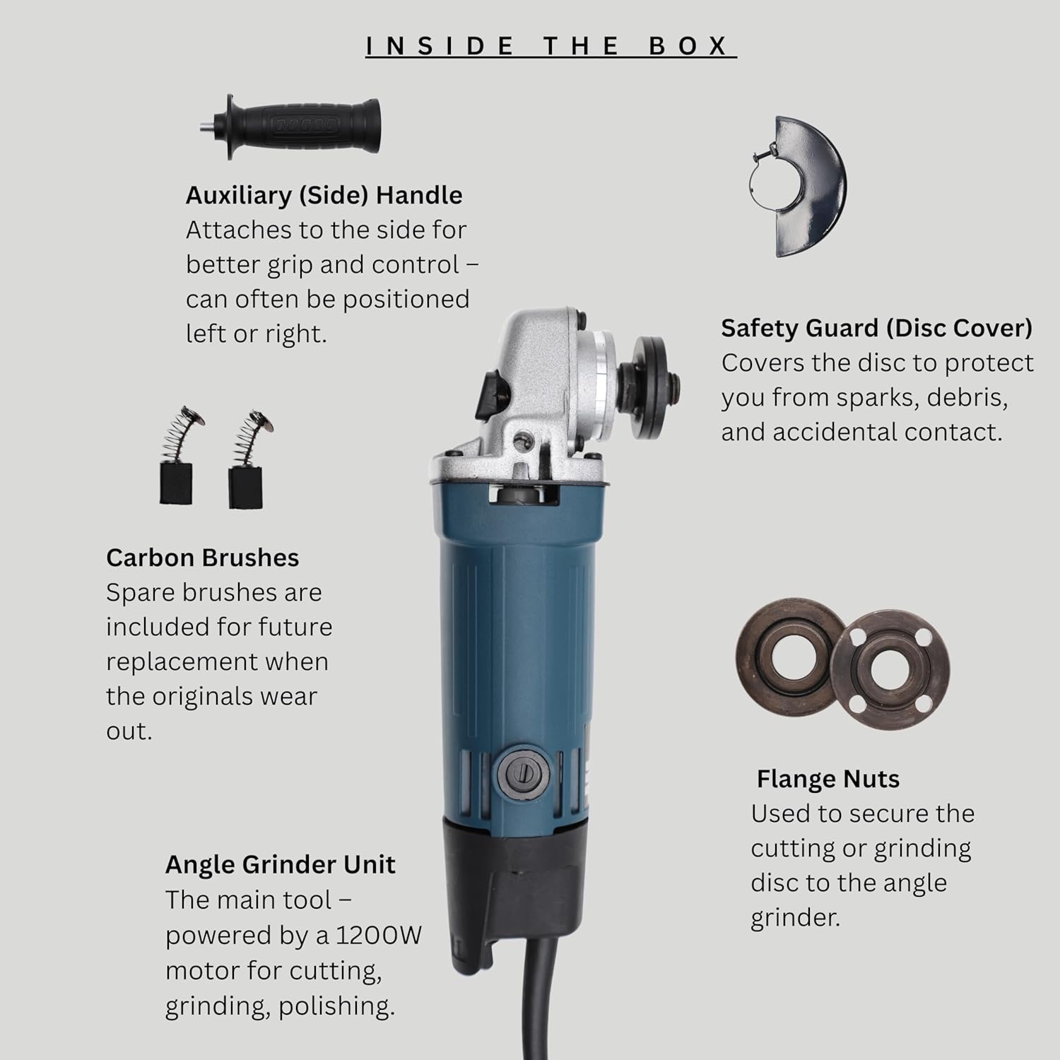Bonai BN-HK65 Angle Grinder 1200W 115mm 11000RPM | Powerful Electric Cutting and Grinding Machine for Metal, Stone, Wood, and Construction Use