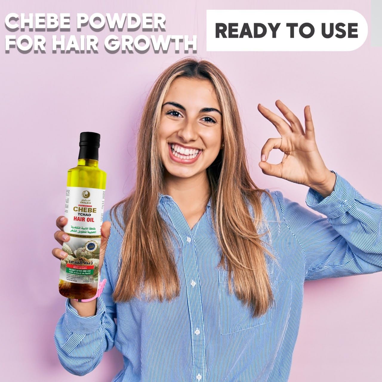 AMALICO Oil for Hair Growth with Chebe Powder - Ready to use Organic Oil for Scalp and Dry Damaged Hair - Natural Oil Infused with Canola, Palm, Ostrich and Olive Oil - 250 ML