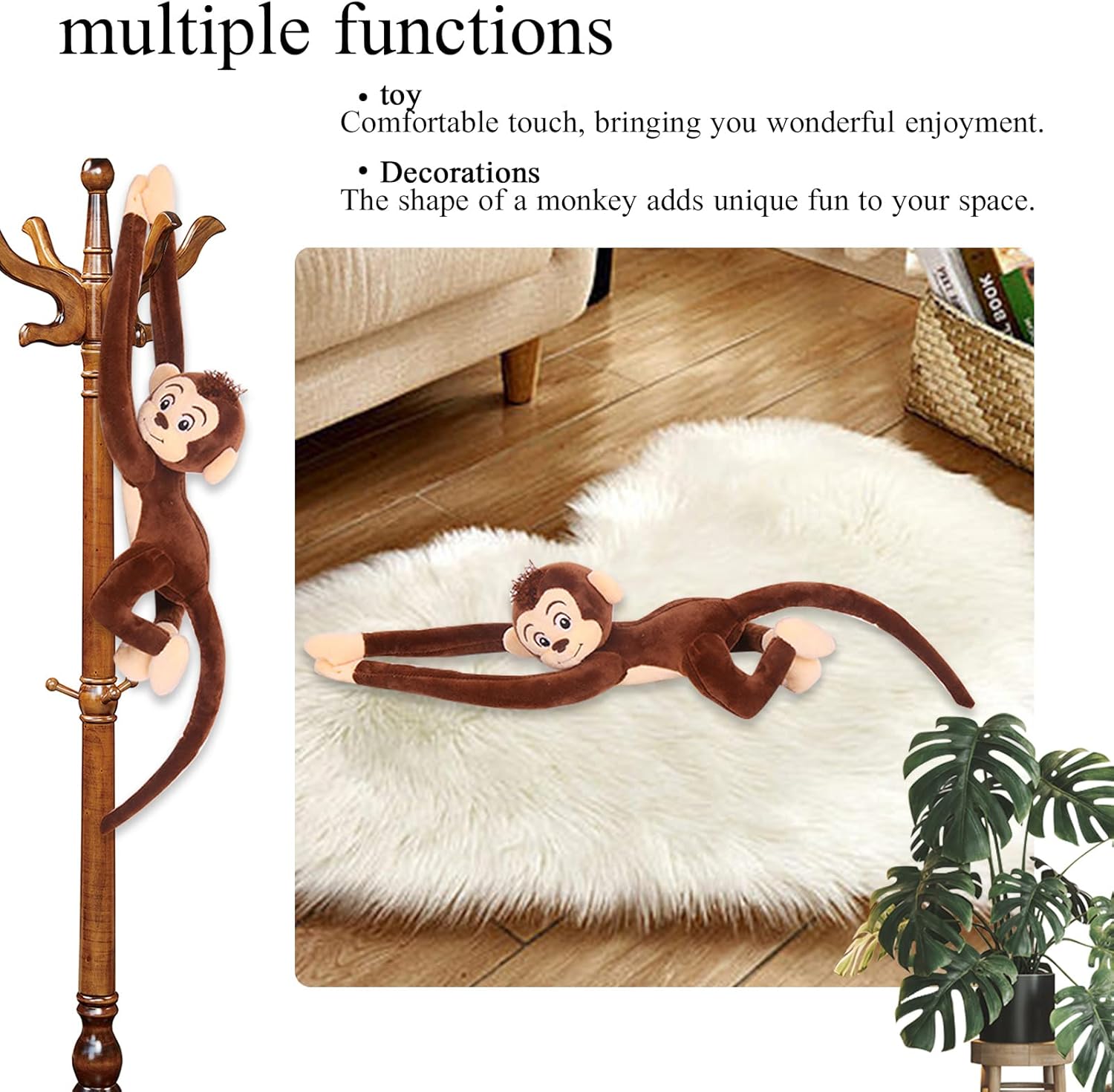 CHELEI2019 حيوان محشو على شكل قرد، مقاس 35.4 بوصة، حيوان محشو معلق مع يد، بني