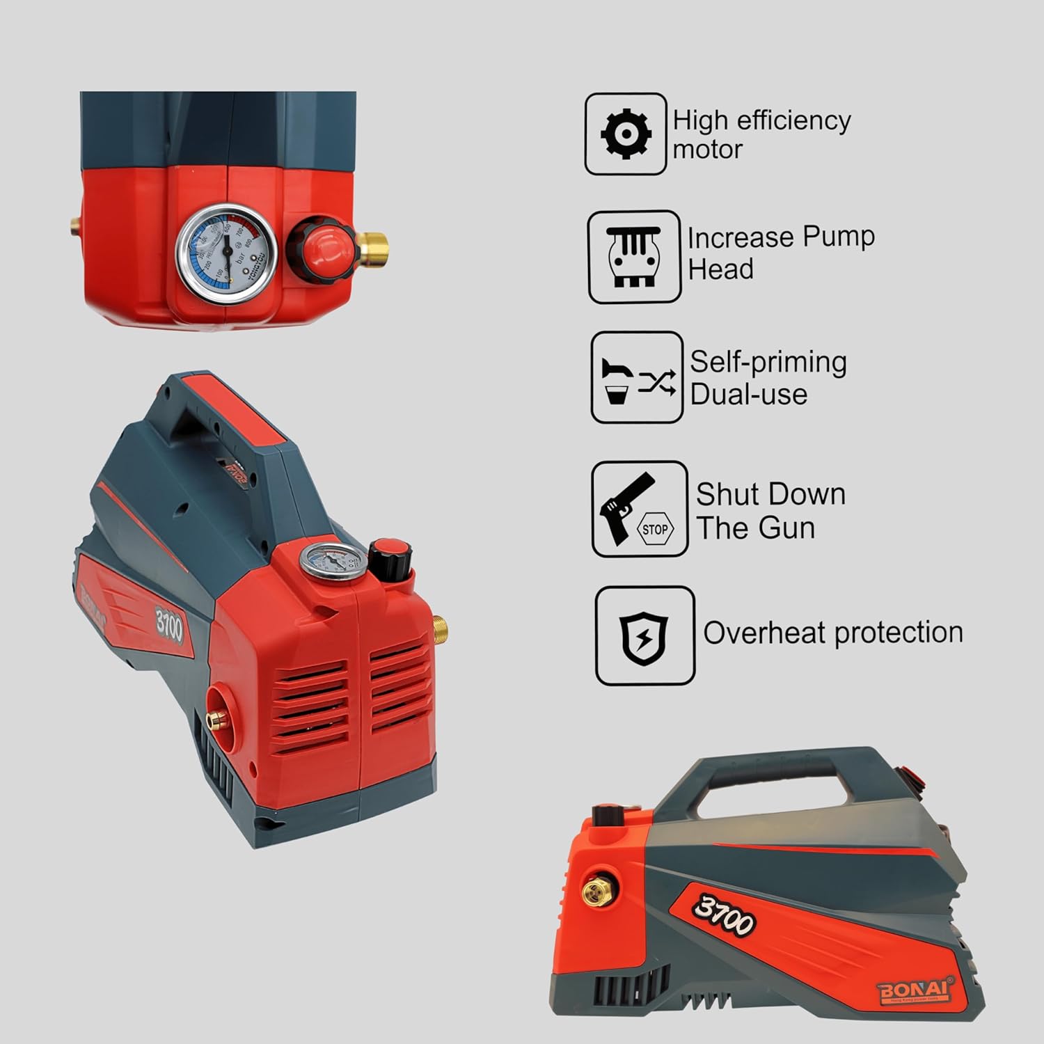 BONAI 3700W High Pressure Washer BN-HK73, 10L/min Flow, 300MPa Jet Cleaner, Self-Priming Car Washer, Portable Electric Water Cleaning Machine for Patio, Garden, Driveway & Outdoor Use