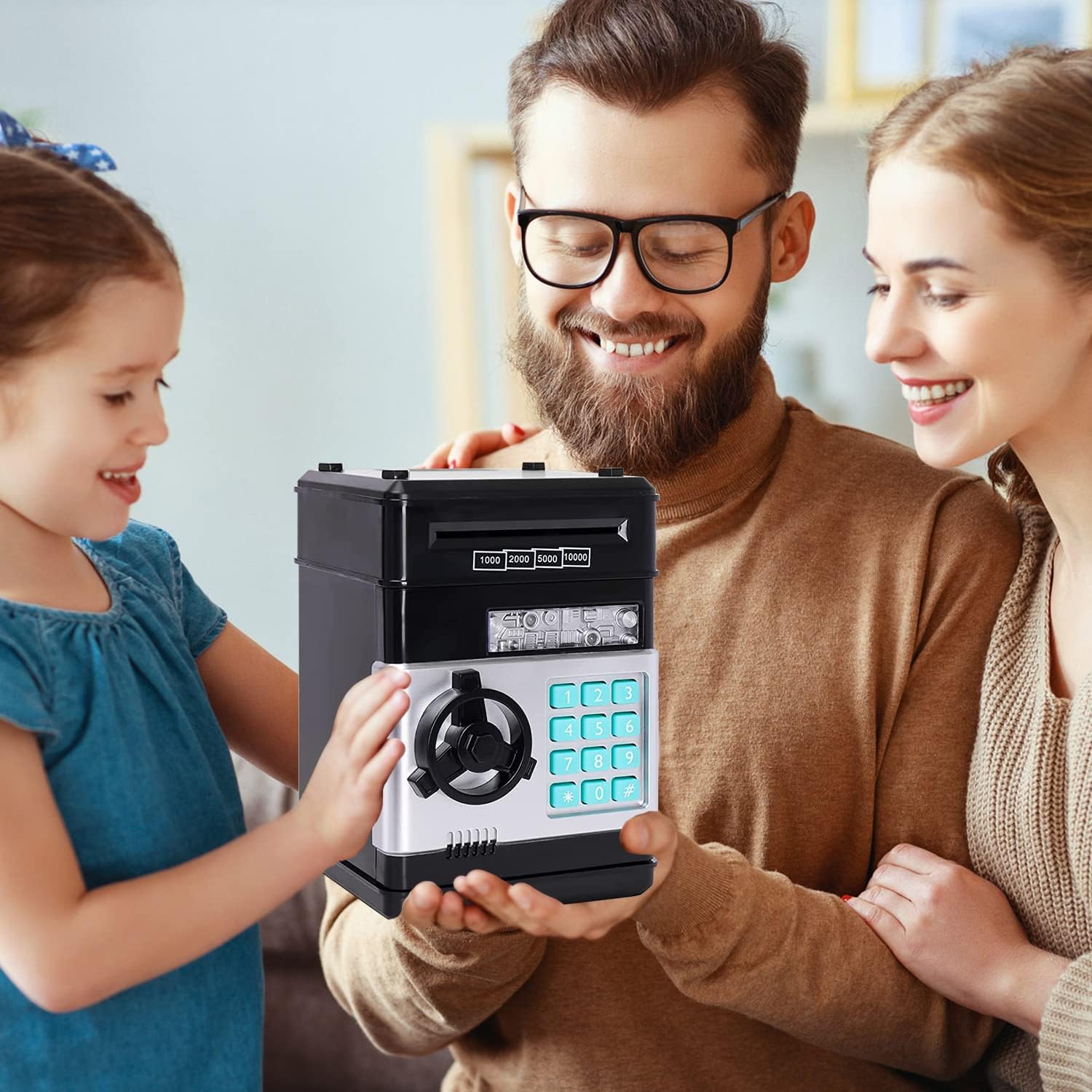 حصالة نقود من أكالو للأطفال، ماكينة صراف آلي صغيرة مزودة بتمرير تلقائي، صندوق توفير للعملات الورقية مع كلمة مرور، صندوق توفير للعملات النقدية والقطع النقدية للأولاد والبنات، هدايا وألعاب (أسود)