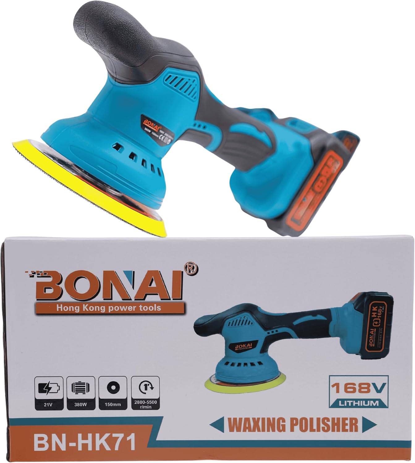 Bonai BN-HK71 Cordless Car Polisher 21V, 380W Dual Action Waxing Machine with 150mm Pad, 2800-5500RPM Variable Speed Orbital Buffer for Car Detailing, Furniture & Metal Polishing