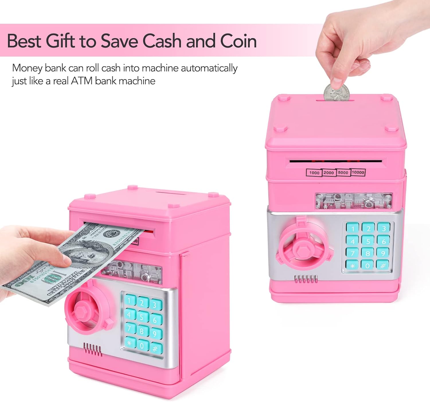 EPHVODI Pink Piggy Bank Cash Coin Can ATM Bank Electronic Coin Bank Real Money Saving Box for Teen Girl Toys Age 4 8 10 12 with Password Code Lock ATM Machine for Kids Gift