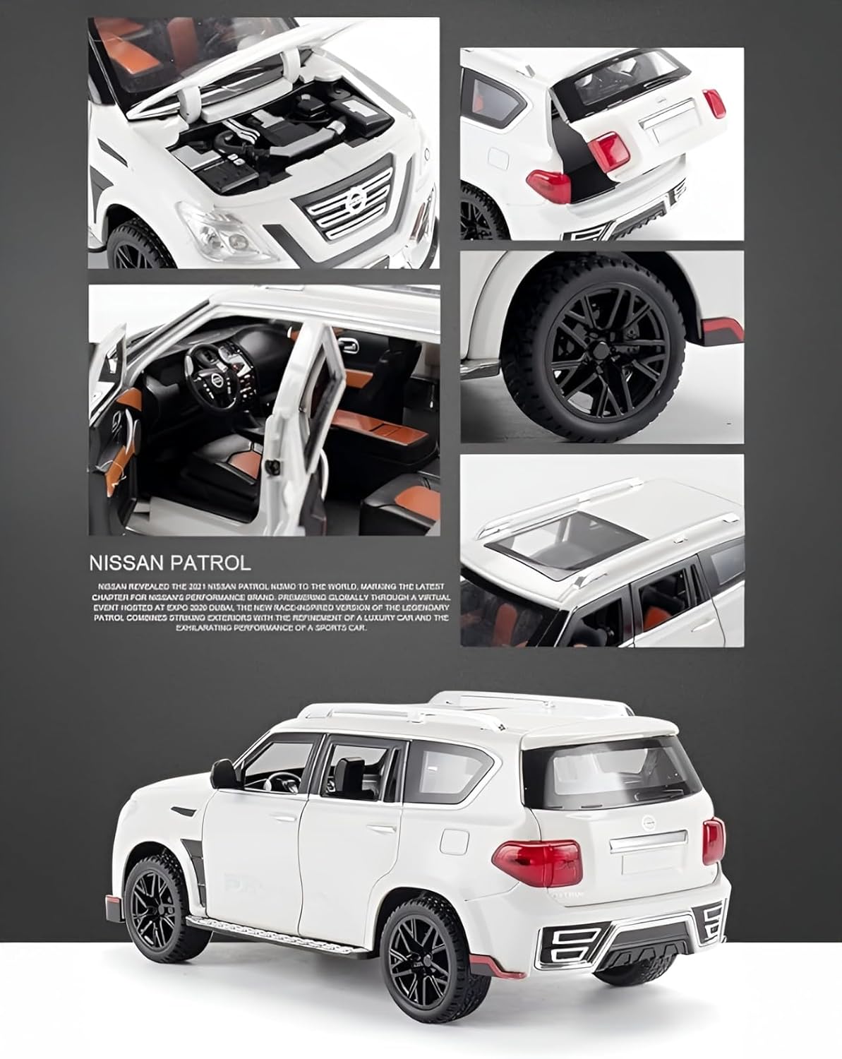 سيارة BEYTOR 1:24 N-issan Patrol Diecast Alloy مع خاصية السحب للخلف والموسيقى والصوت - أبيض