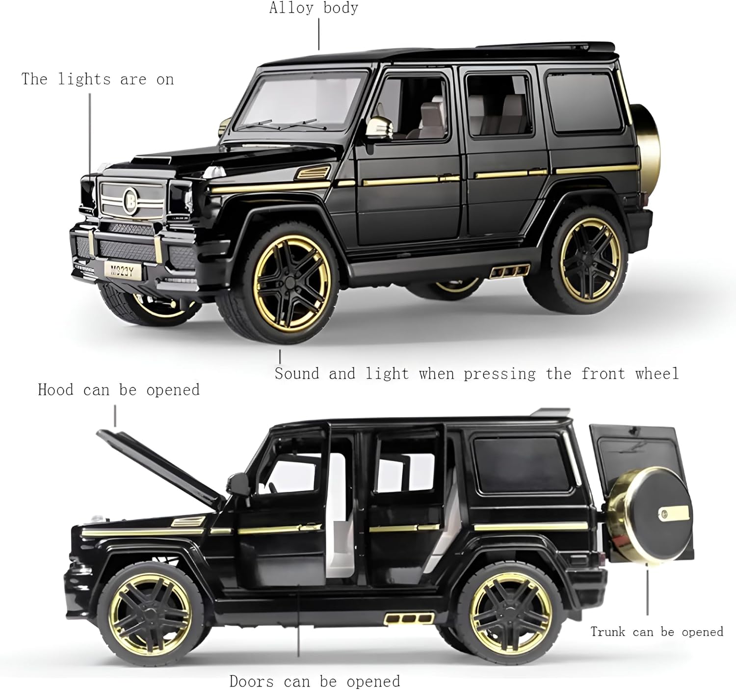 سيارة G65 مصبوبة قابلة للسحب بمقياس 1:24 مصنوعة من سبائك الزنك للأطفال مع صوت وأضواء حقيقية، هدايا عيد الميلاد للأولاد، مقتنيات مع بطاقة حاجز