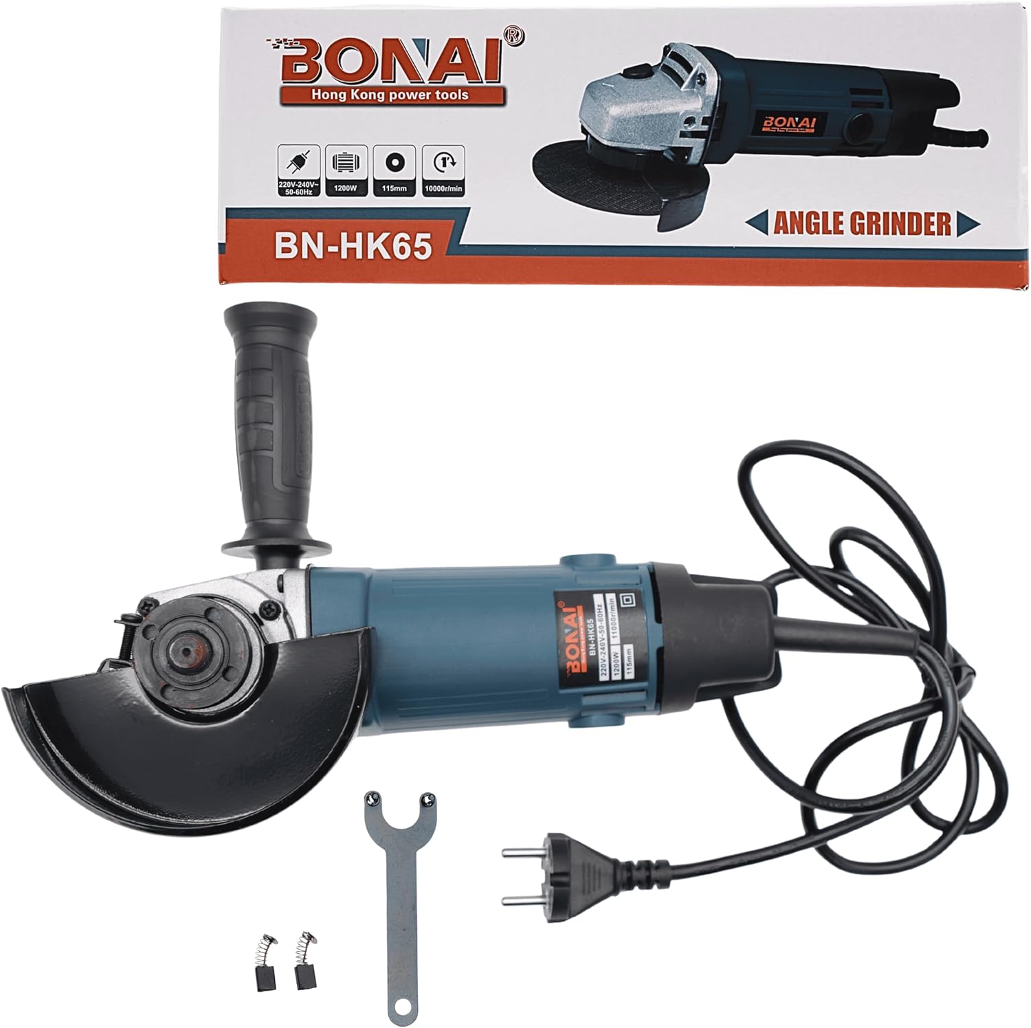 Bonai BN-HK65 Angle Grinder 1200W 115mm 11000RPM | Powerful Electric Cutting and Grinding Machine for Metal, Stone, Wood, and Construction Use