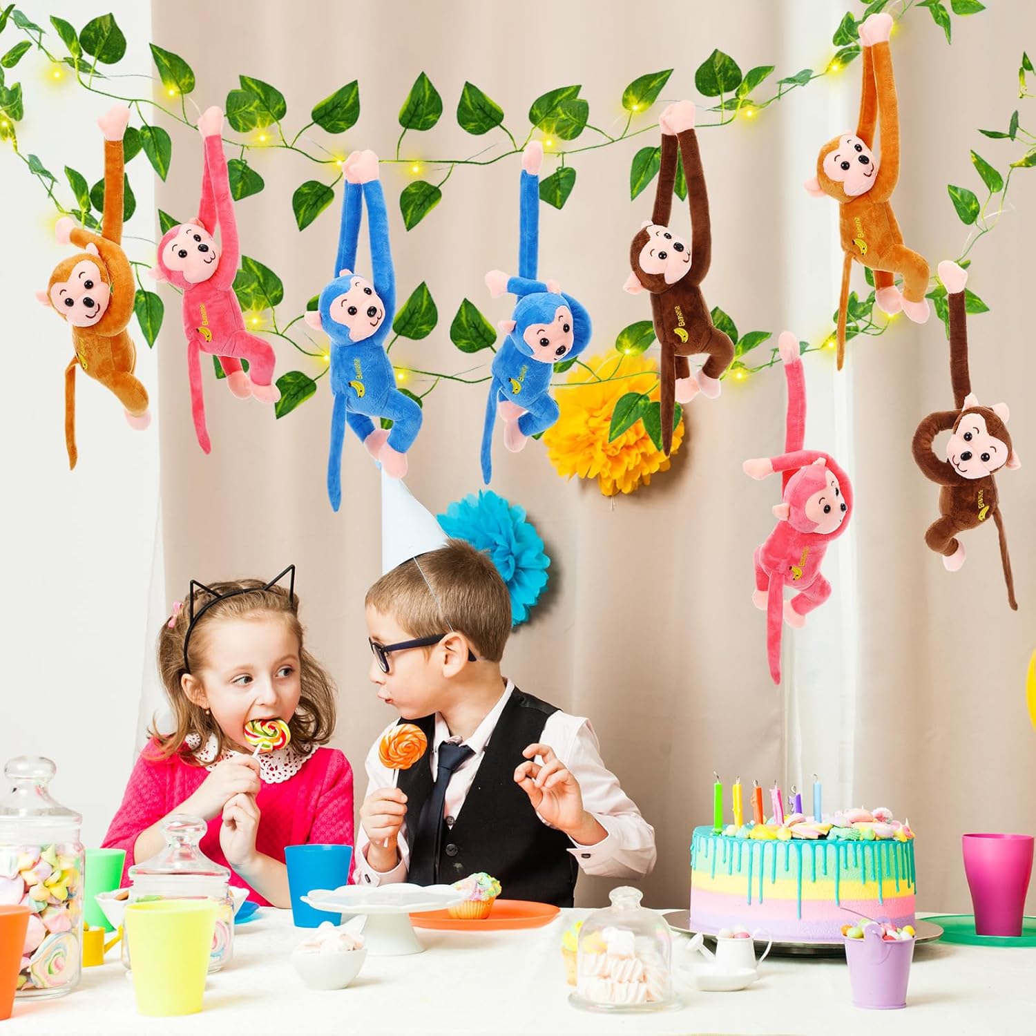 لعبة قرد محشوة على شكل قرد معلق من Gemscream، 8 قطع، مقاس 17.8 بوصة، مع قطعتين من الكروم الصناعي المعلق، قطعتين من سلسلة مصابيح تعمل بالبطارية، 20 مصباح LED، هدايا للأولاد والبنات، متعددة الألوان