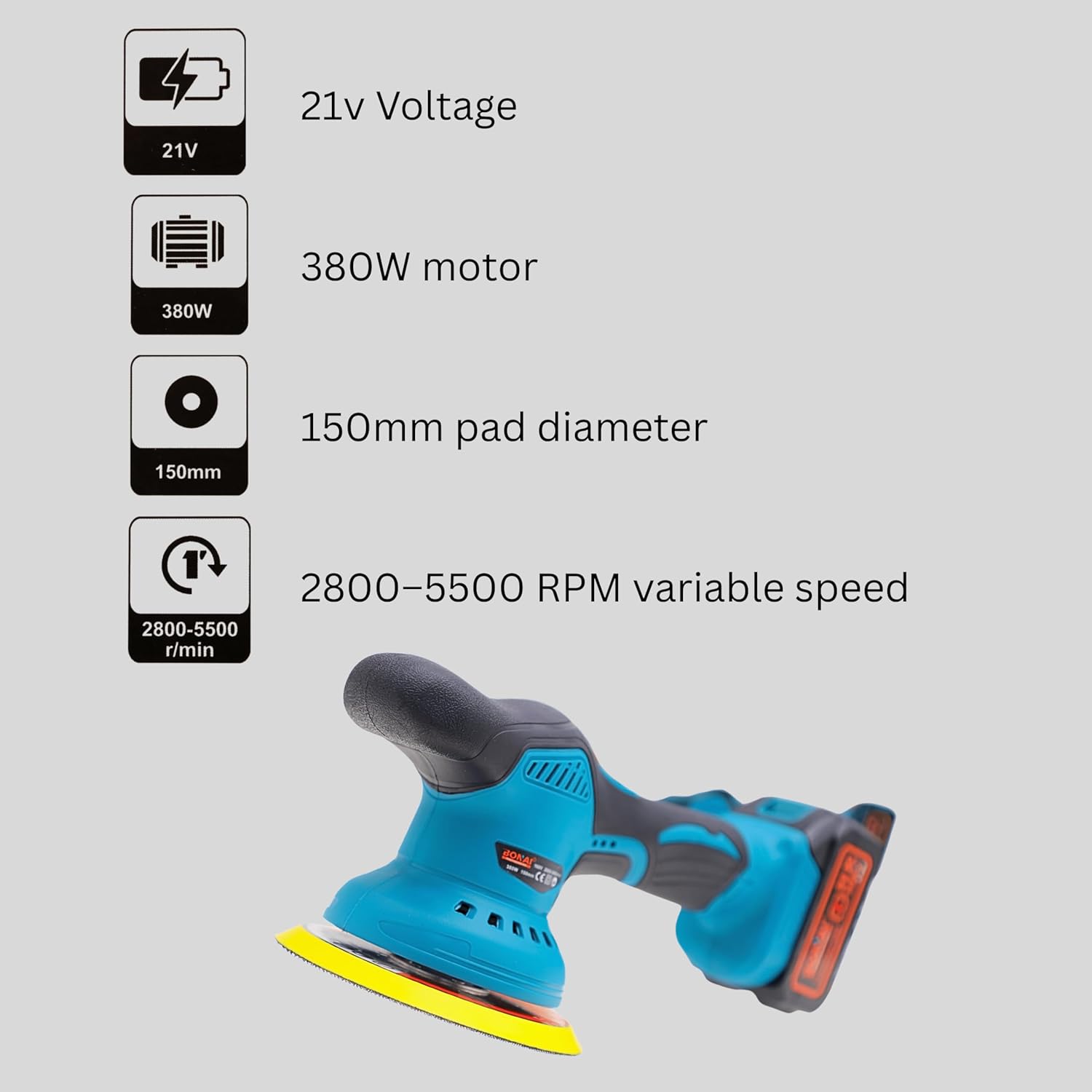 Bonai BN-HK71 Cordless Car Polisher 21V, 380W Dual Action Waxing Machine with 150mm Pad, 2800-5500RPM Variable Speed Orbital Buffer for Car Detailing, Furniture & Metal Polishing