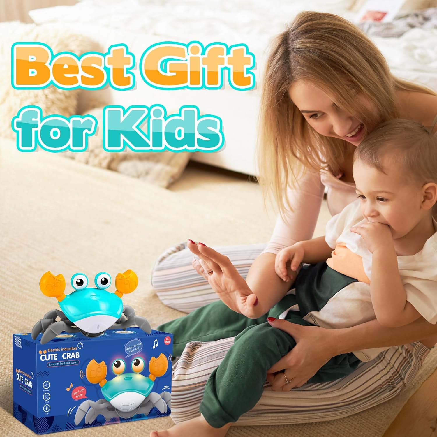 لعبة السلطعون للأطفال من iKidiki، ألعاب أطفال على شكل سلطعون وقت الاستلقاء على البطن، هدية للأطفال (أزرق غامق)