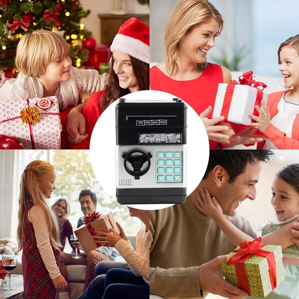 حصالة نقود، هدايا عيد ميلاد للأولاد والبنات من سن 4 5 6 7 8 9 10 سنوات، ماكينة صراف آلي إلكترونية للعملات المعدنية، صندوق بلاستيكي كبير لحفظ النقود، صندوق أمان لحفظ النقود، أشياء لطيفة للأطفال (أسود/أحمر) (أسود)
