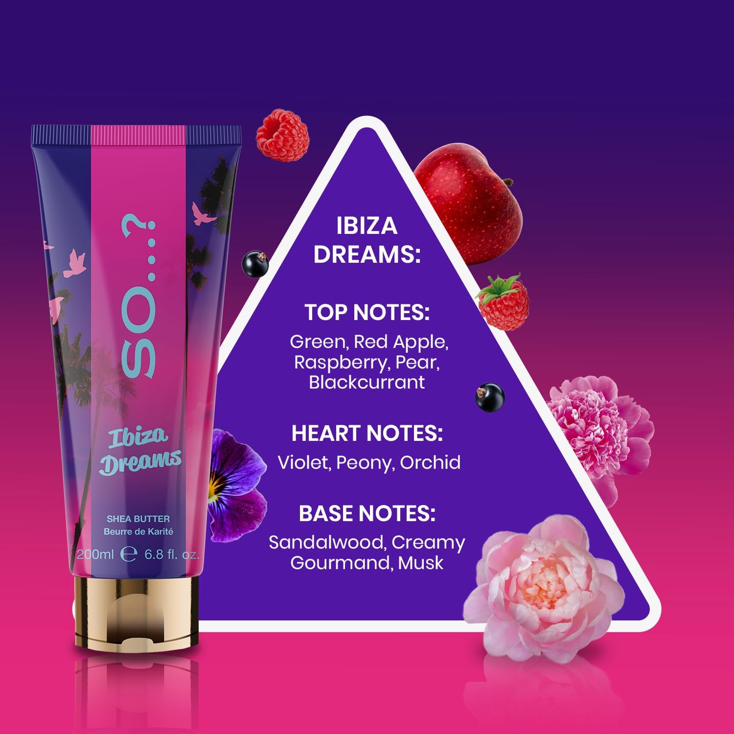 So…? Escapes Woman's Ibiza Dream Fruity and Floral Hydrating Shea Butter 200ml with Sweet Red Apple, Raspberry and Violet Fragrance, Crultey Free