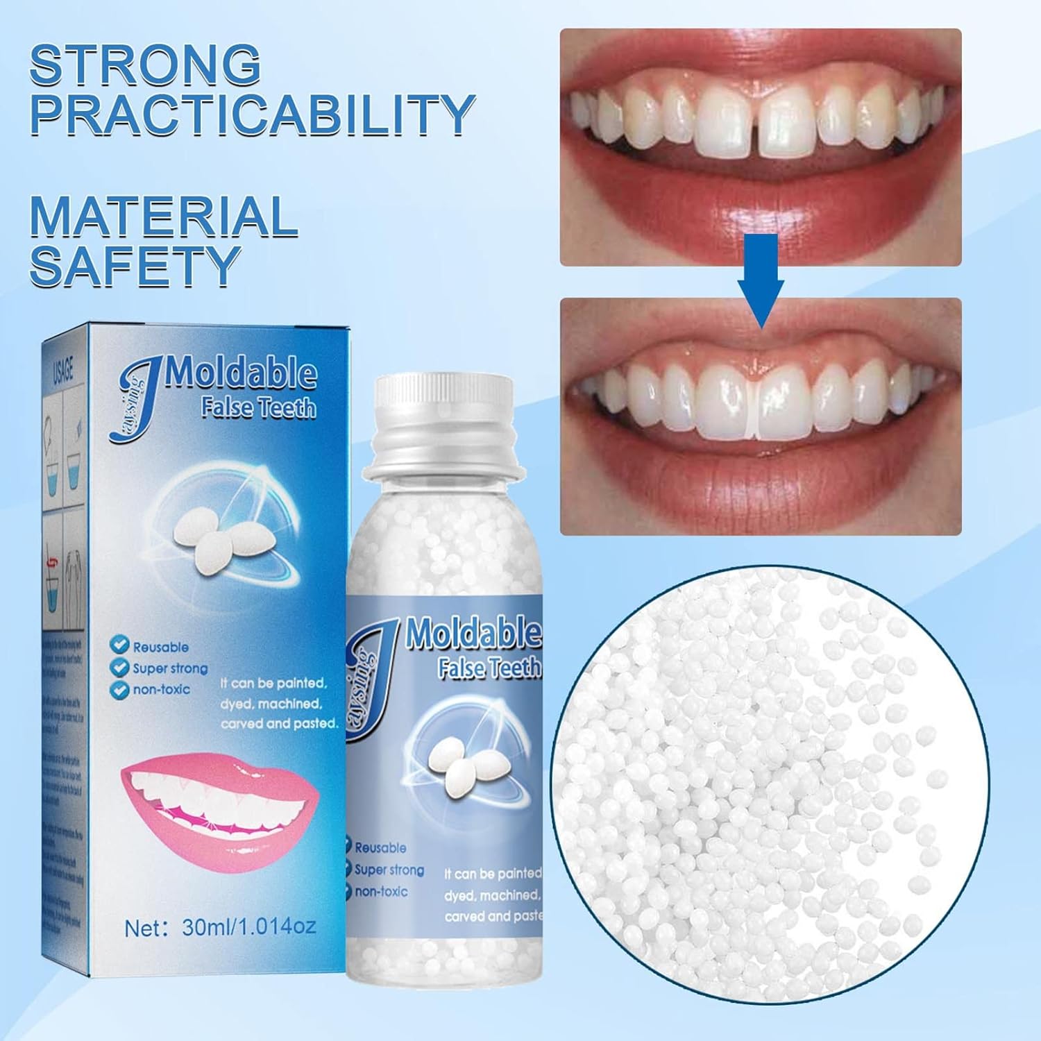 J/E 30ml Moldable False Teeth White Particles Reusable Non-toxic Temporarily Fill Regain Smile Cosplay DIY