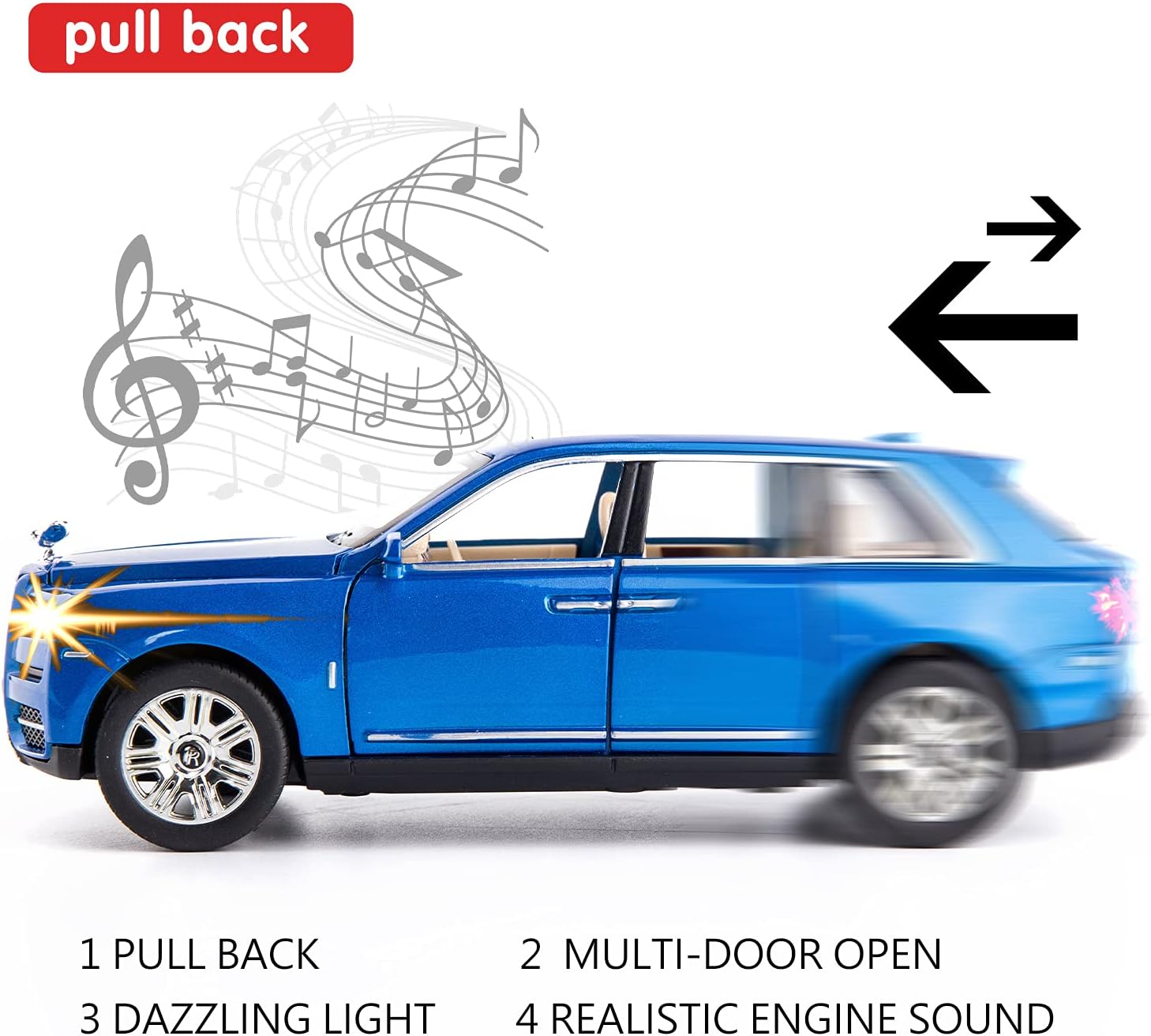 لعبة سيارة رولز رويس كولينان SUV بمقياس 1/24 من BDTCTK، سيارات لعبة مصبوبة من سبائك الزنك مع صوت وضوء للأطفال والأولاد والبنات (أزرق)