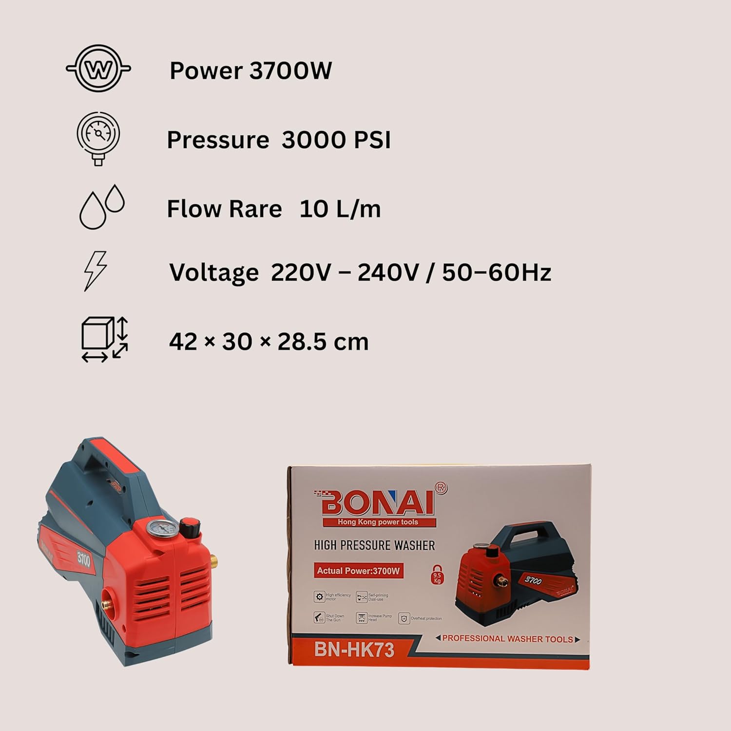 BONAI 3700W High Pressure Washer BN-HK73, 10L/min Flow, 300MPa Jet Cleaner, Self-Priming Car Washer, Portable Electric Water Cleaning Machine for Patio, Garden, Driveway & Outdoor Use