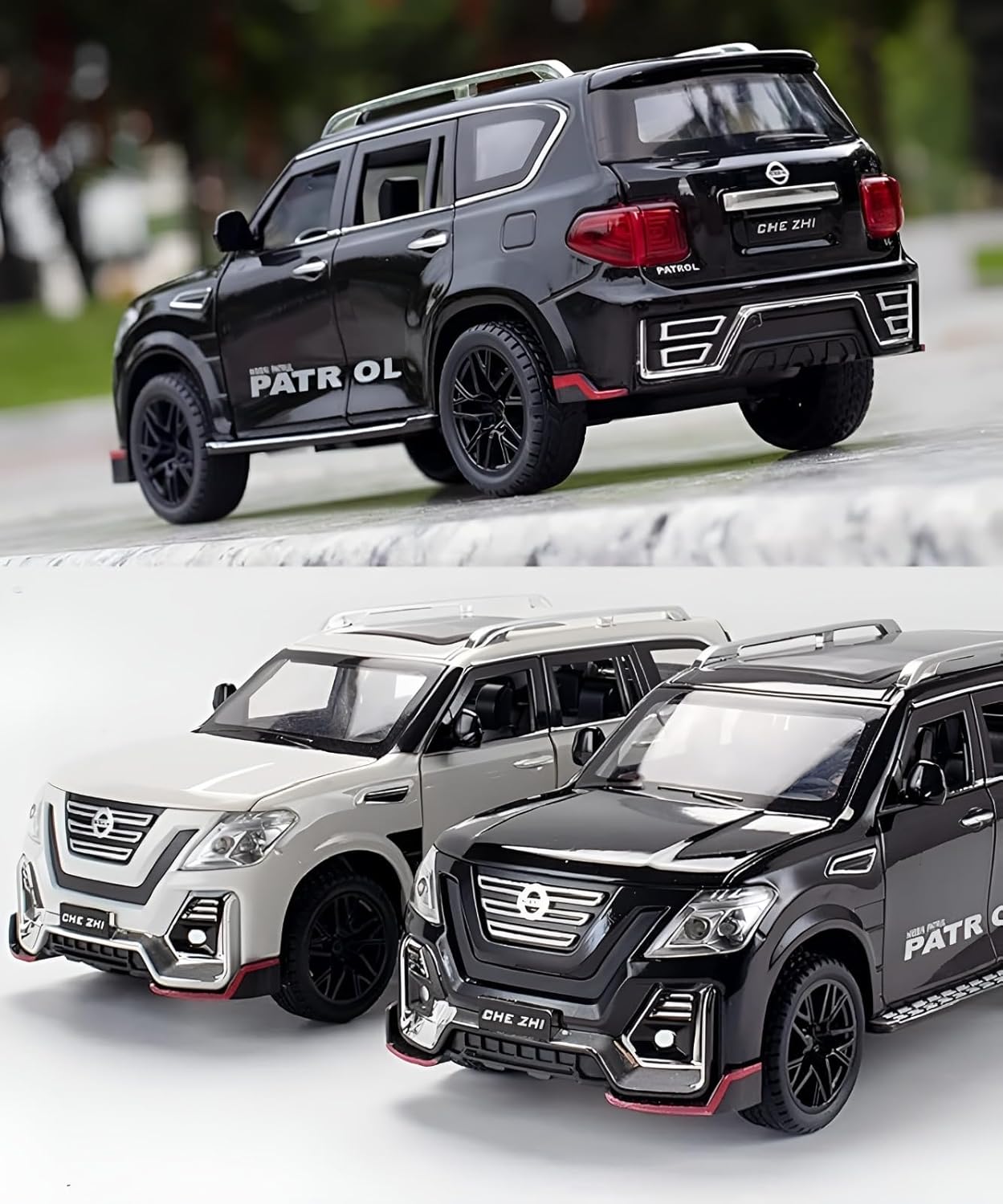سيارة BEYTOR 1:24 N-issan Patrol Diecast Alloy مع خاصية السحب للخلف والموسيقى والصوت - لون أسود