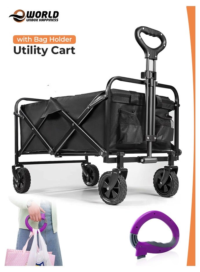 Foldable Shopping Cart – Heavy-Duty 100kg Utility Trolley with Adjustable Handle, 2 Pockets & 360° Wheels, Waterproof Fabric, Compact for Beach, Camping, Outdoor Garden Cart & Daily Use – Black