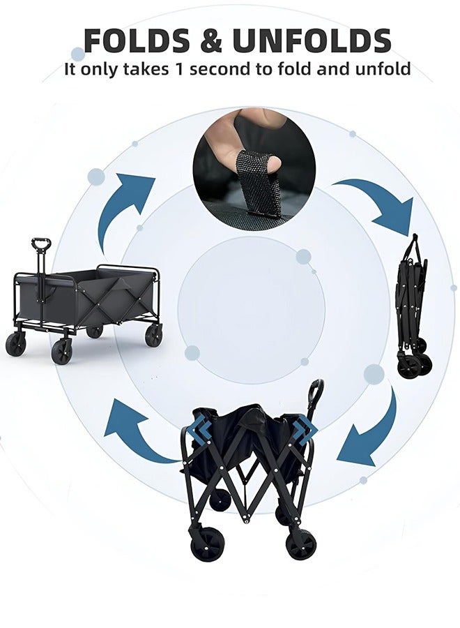 Foldable Shopping Cart – Heavy-Duty 100kg Utility Trolley with Adjustable Handle, 2 Pockets & 360° Wheels, Waterproof Fabric, Compact for Beach, Camping, Outdoor Garden Cart & Daily Use – Black