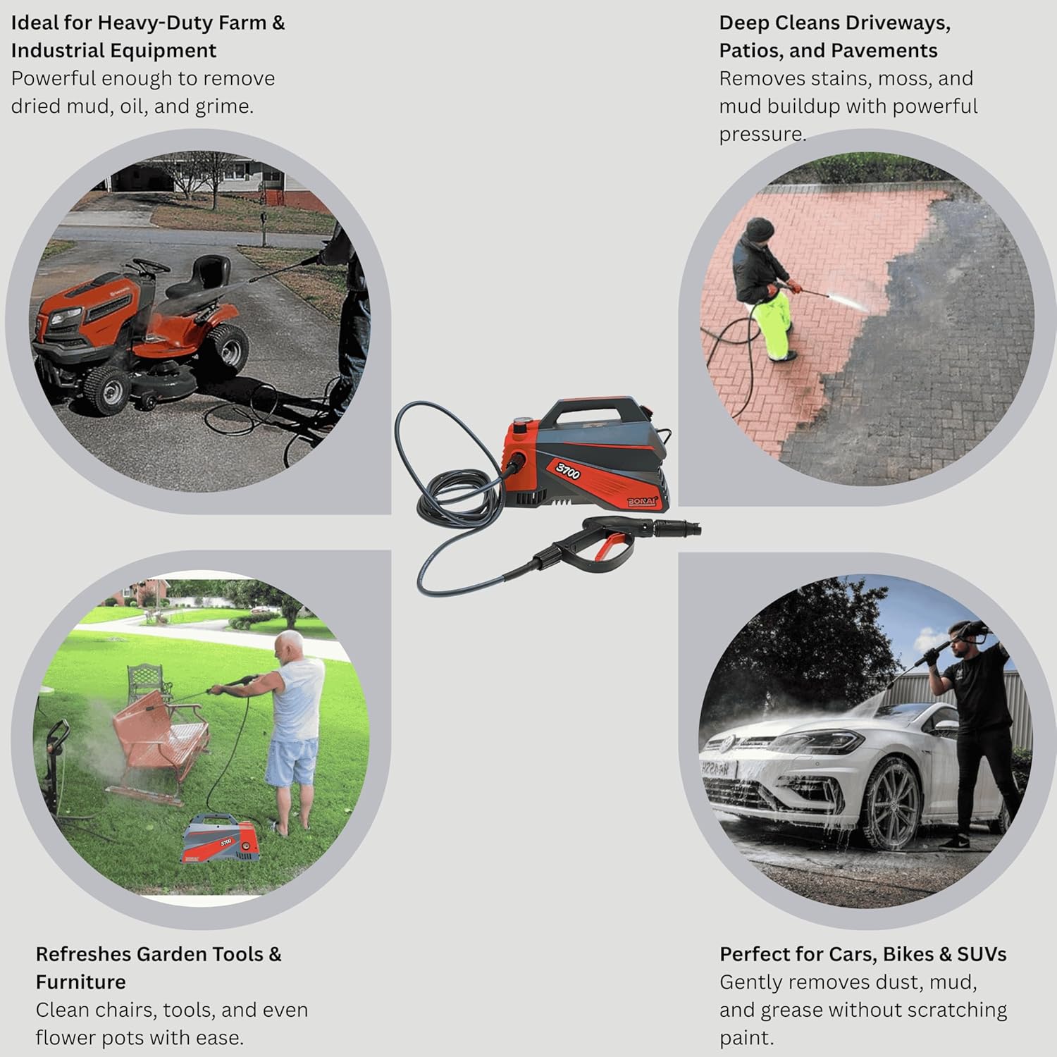 BONAI 3700W High Pressure Washer BN-HK73, 10L/min Flow, 300MPa Jet Cleaner, Self-Priming Car Washer, Portable Electric Water Cleaning Machine for Patio, Garden, Driveway & Outdoor Use