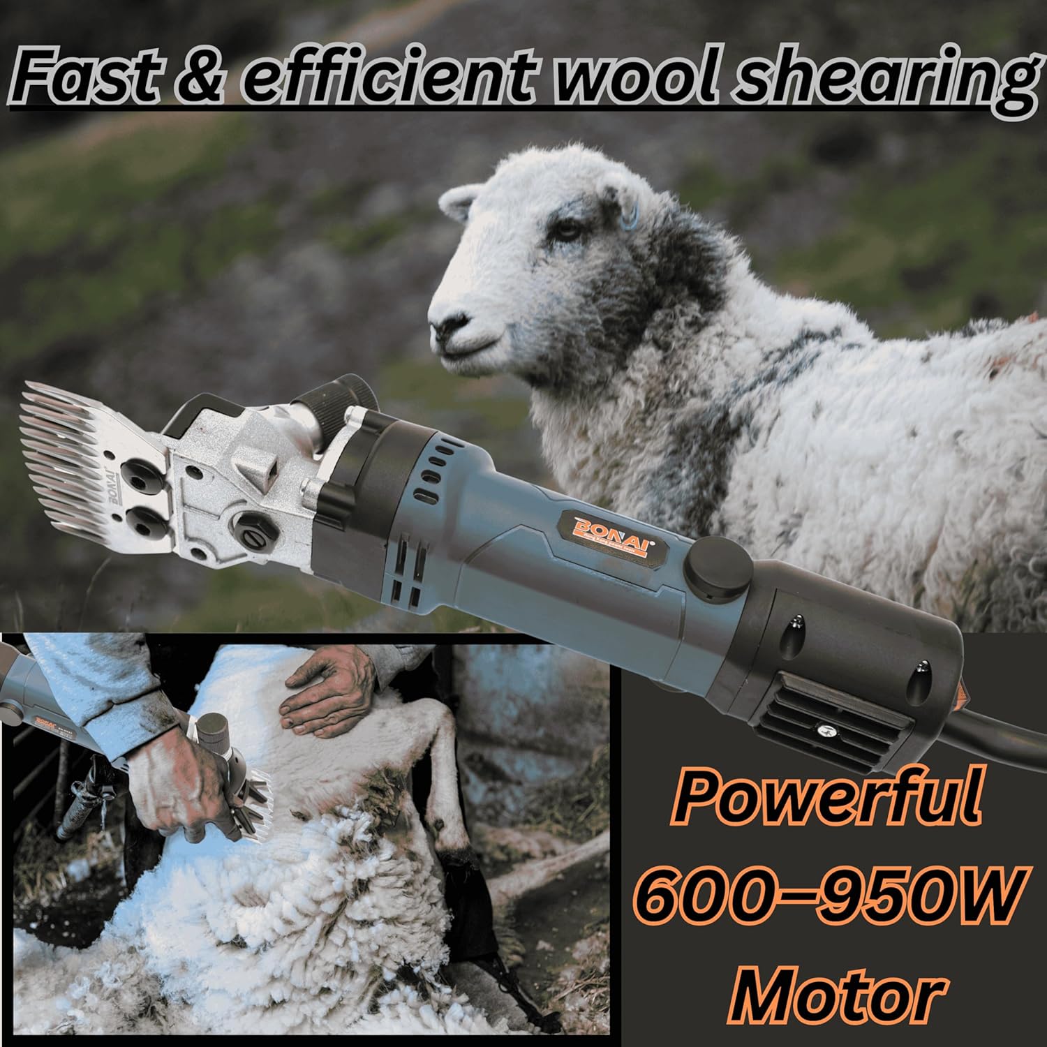 Bonai Sheep Clippers Electric Wool Shears 600-950W, 6-Speed Heavy Duty Livestock Grooming Machine with Ergonomic Handle for Sheep, Goats, Alpacas, Llamas – 2400 RPM, BN-HK82