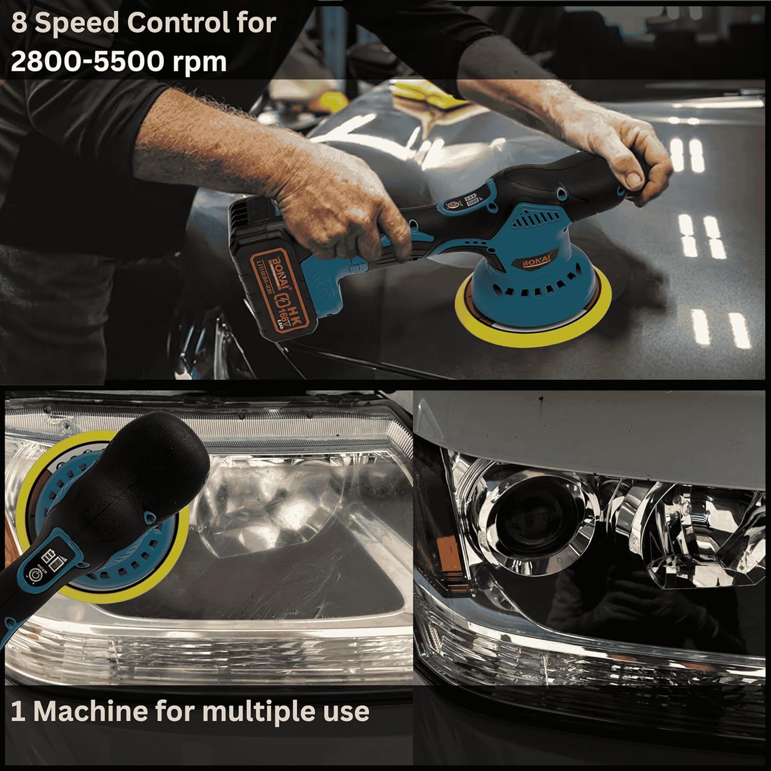 Bonai BN-HK71 Cordless Car Polisher 21V, 380W Dual Action Waxing Machine with 150mm Pad, 2800-5500RPM Variable Speed Orbital Buffer for Car Detailing, Furniture & Metal Polishing