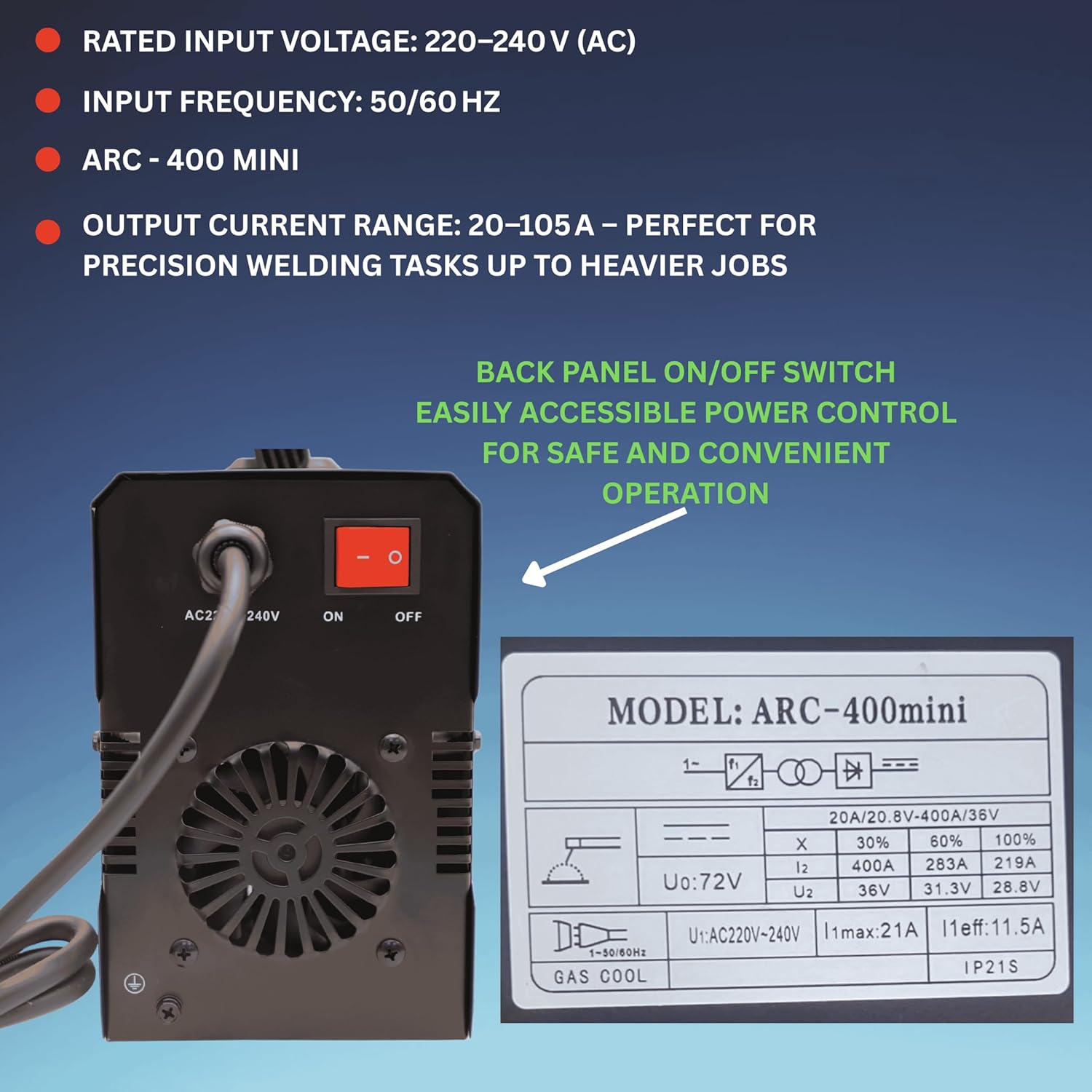 Bonai ARC-400 Mini Inverter Welder 220-240V | Portable MMA Welding Machine | IGBT DC Inverter 20-105A | Lightweight, Energy-Saving, Complete Welding Kit, BN-HK87