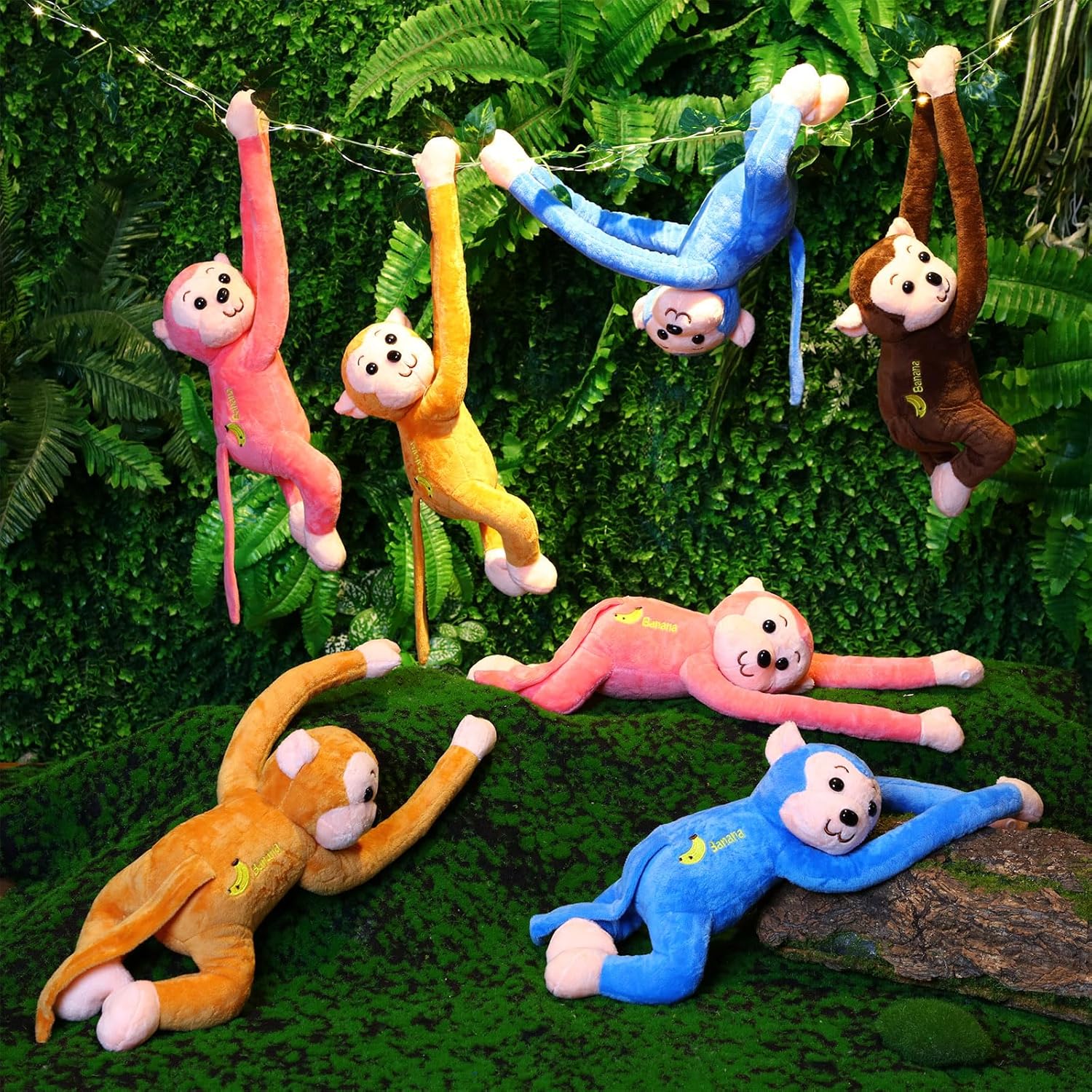 لعبة قرد محشوة على شكل قرد معلق من Gemscream، 8 قطع، مقاس 17.8 بوصة، مع قطعتين من الكروم الصناعي المعلق، قطعتين من سلسلة مصابيح تعمل بالبطارية، 20 مصباح LED، هدايا للأولاد والبنات، متعددة الألوان