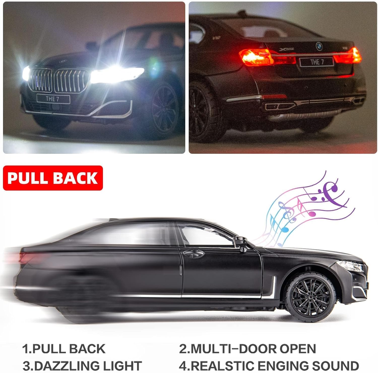 BDTCTK 1/24 متوافقة مع سيارة BMW 760 النموذجية، سيارة لعبة من سبائك الزنك قابلة للسحب للخلف مع صوت وإضاءة للأطفال الأولاد والبنات (أسود)، C341-1