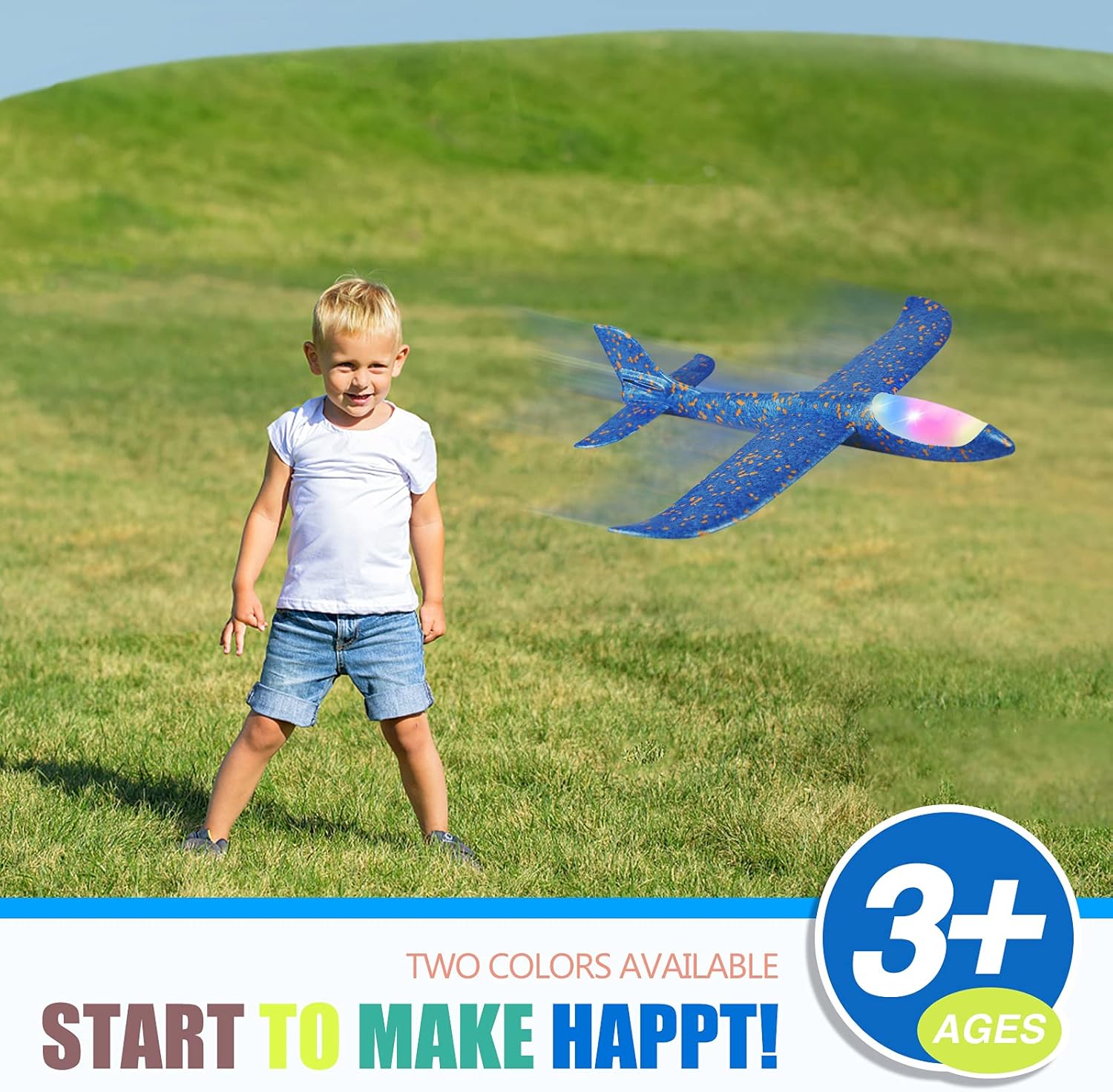 SHOWAY Toyly 2 Pack LED Airplane Toys,17.5" Large Throwing Foam Plane,2 Flight Mode Glider Plane,Outdoor Toy for Kids,Flying Kids,Gift Toys Boys Girls 3 4 5 6 7 8 9 Year Old (MIXED COLOR)