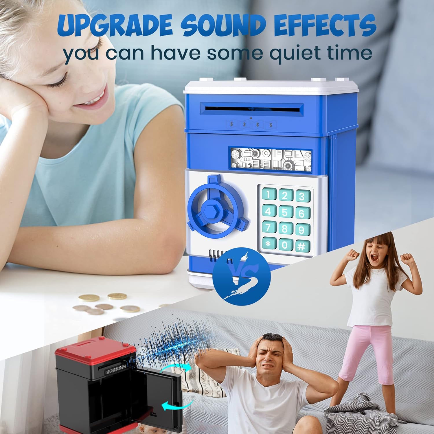 حصالة نقود TUSEASY، هدايا عيد ميلاد للأولاد والبنات من سن 4 5 6 7 8 9 10 سنوات، ماكينة صراف آلي إلكترونية للعملات المعدنية، صندوق بلاستيكي كبير لحفظ النقود، صندوق أمان لحفظ النقود، أشياء لطيفة للأطفال (أزرق)