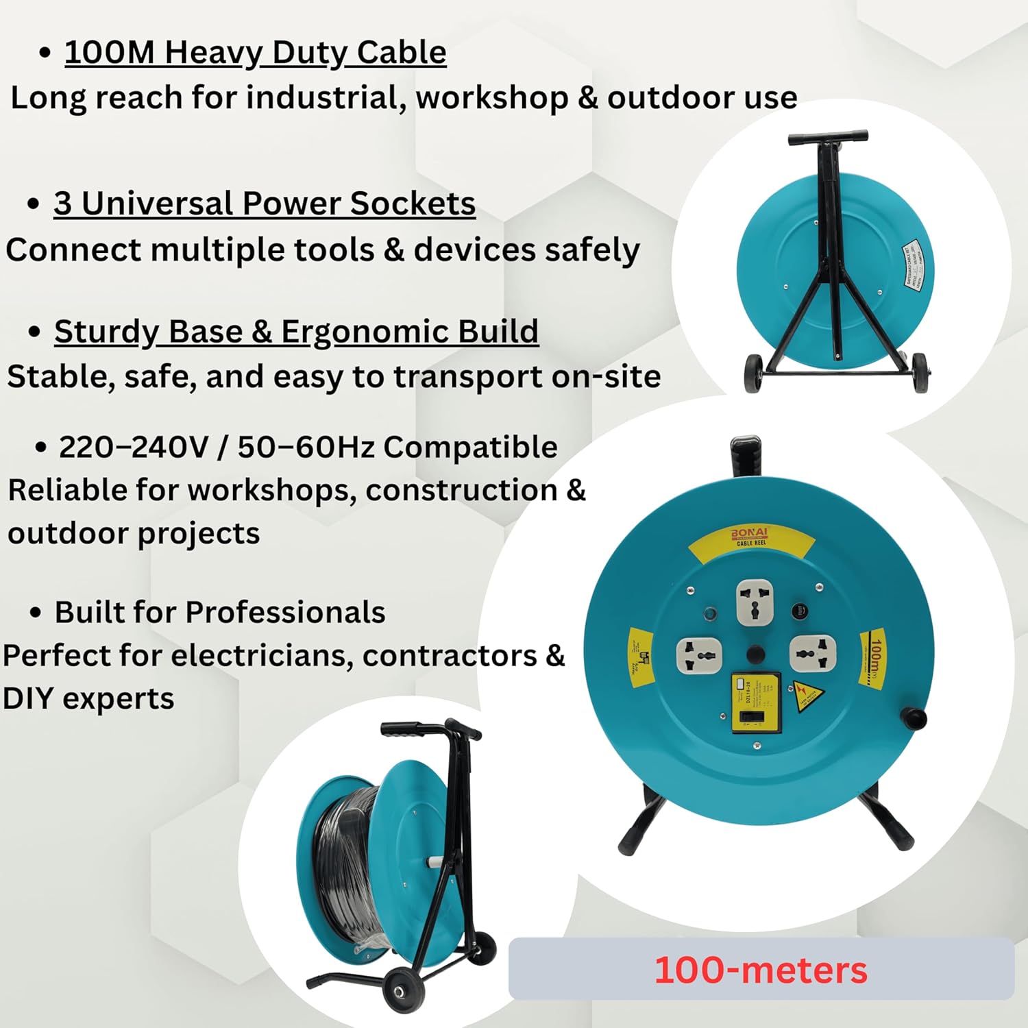 Bonai BN-HK95 100m Heavy Duty Cable Reel with Adjustable Handle & Wheels, 3 Socket Power Extension Drum, 220-240V Industrial Wire Reel, 2x2.5mm² Electric Cord for Workshop, Construction & Outdoor