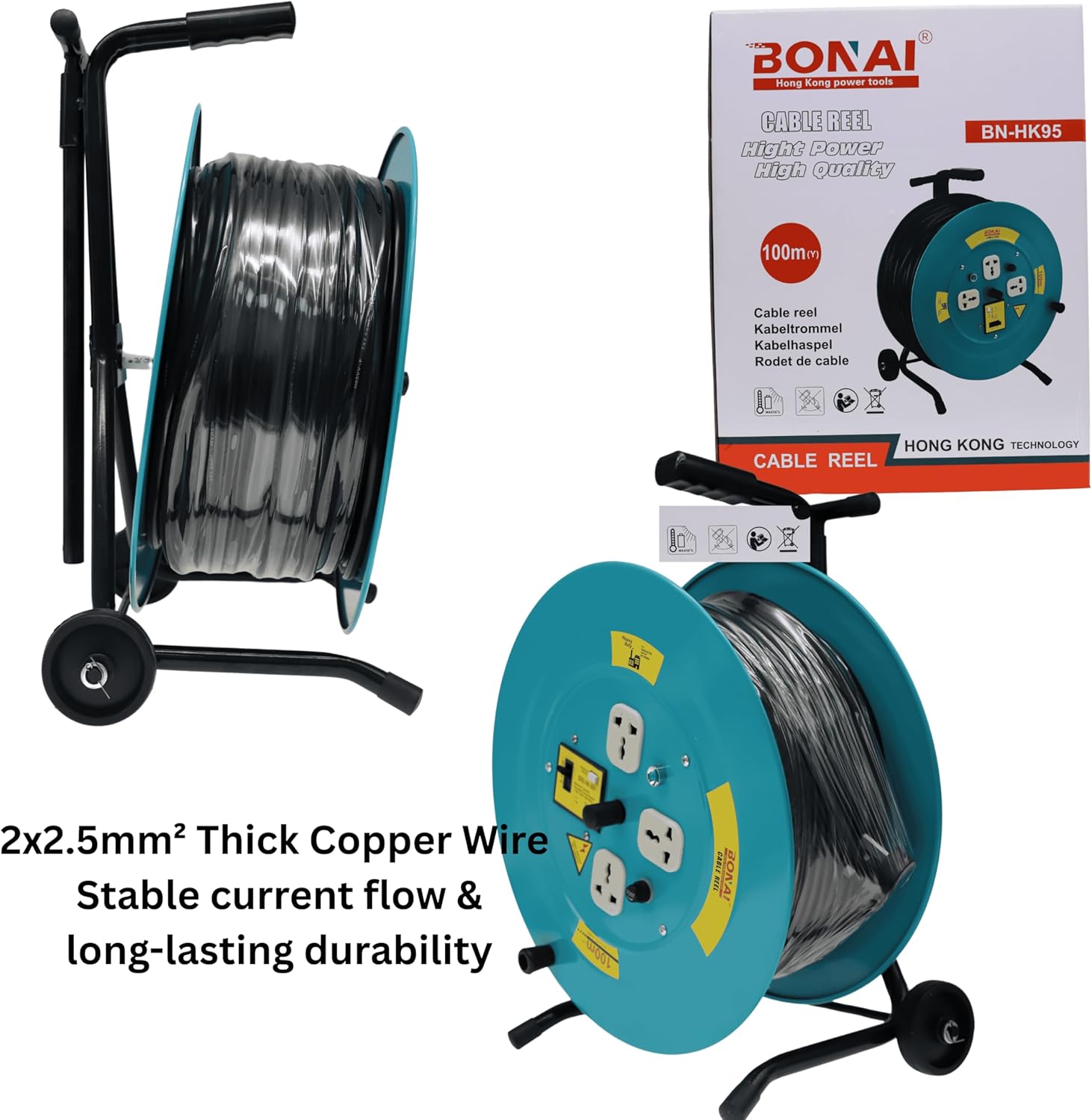 Bonai BN-HK95 100m Heavy Duty Cable Reel with Adjustable Handle & Wheels, 3 Socket Power Extension Drum, 220-240V Industrial Wire Reel, 2x2.5mm² Electric Cord for Workshop, Construction & Outdoor