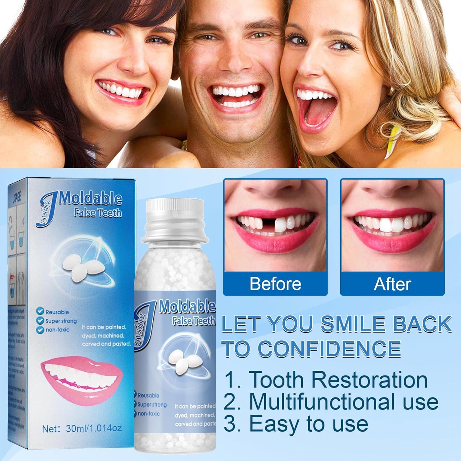 J/E 30ml Moldable False Teeth White Particles Reusable Non-toxic Temporarily Fill Regain Smile Cosplay DIY
