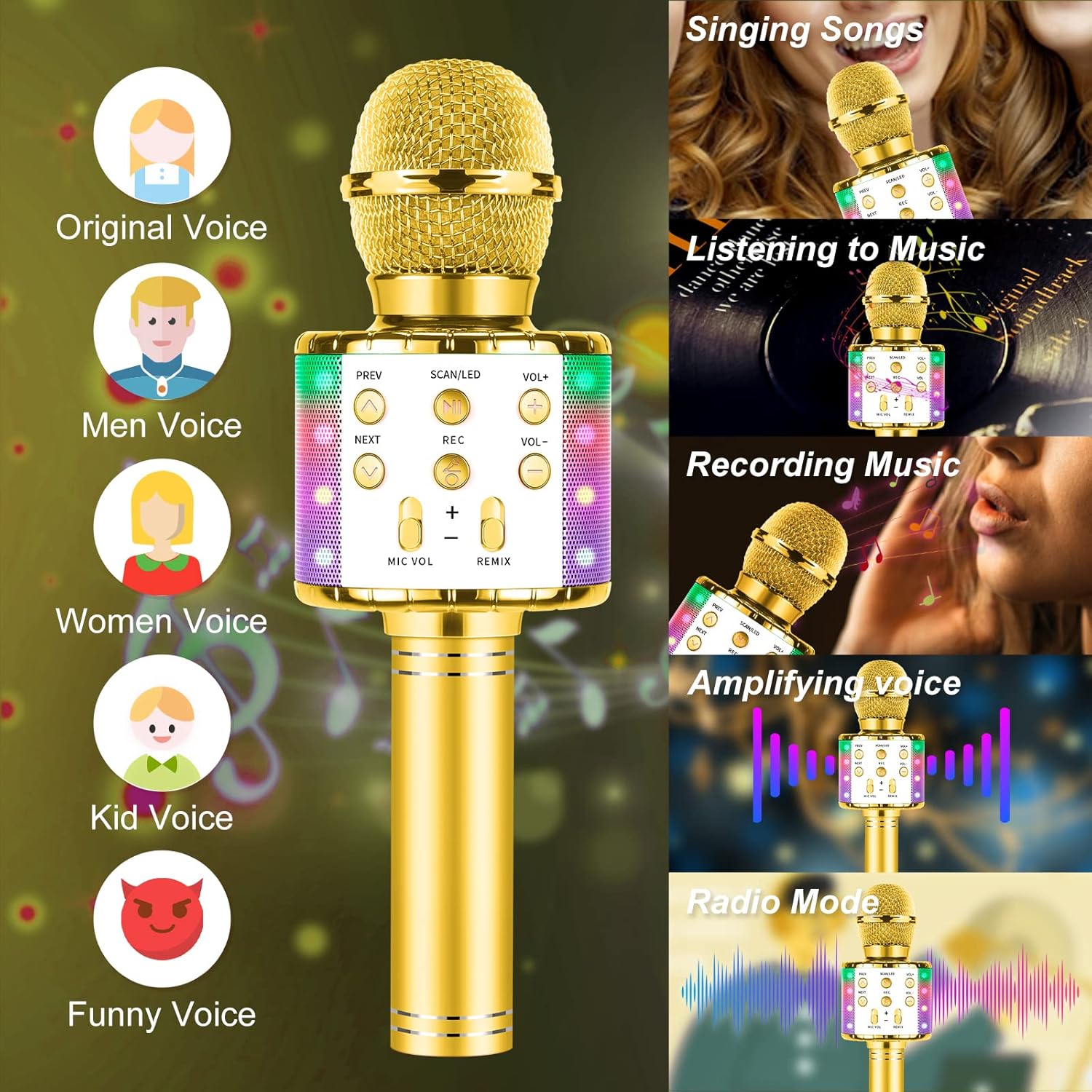ميكروفون كاريوكي ميلرونغ للأطفال الذين يغنون، 5 في 1 ميكروفون لاسلكي يعمل بالبلوتوث مع أضواء LED، جهاز كاريوكي محمول، ميكروفون ومكبر صوت ومشغل مسجل للمنزل والحفلات وأعياد الميلاد 【ذهبي】
