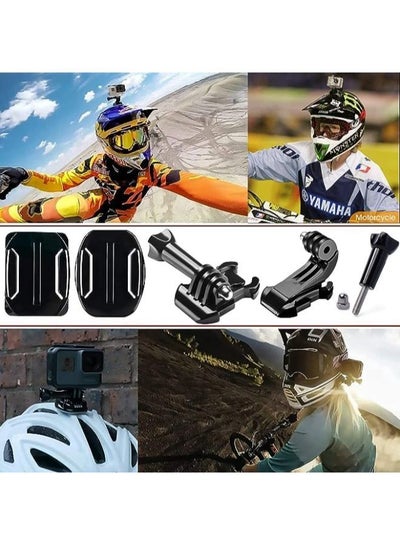 مجموعة ملحقات كاميرا الحركة، طقم أدوات تثبيت وإبزيم لاصق للخوذة، حامل أساسي بمشبك مشبك سريع التحرير، قاعدة تثبيت بإبزيم على شكل حرف J للسطح الرأسي، برغي إبهام طويل، حوامل منحنية ومسطحة