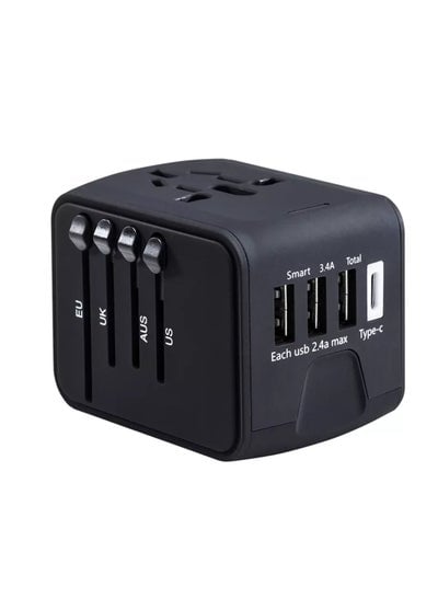 محول سفر عالمي مزود بـ 3 منافذ شحن USB و1 نوع C