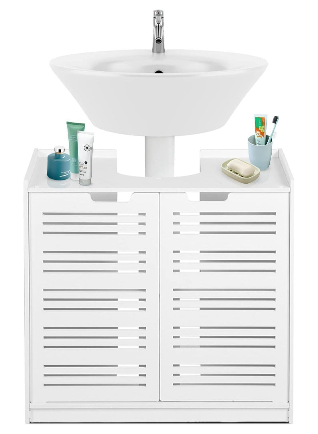 Eworld White Double Door under Basin and Sink Storage Cabinet, Space-Optimized Cupboard and Waterproof Vanity Storage Solution for Modern Bathroom and kitchen