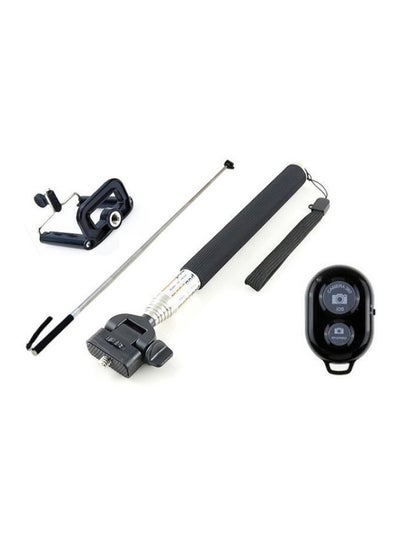 Monopod Selfie Stick With Mobile Holder Clip Bluetooth Shutter Remote Black