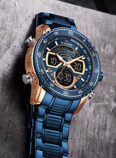 ساعة يد رجالية ستانلس ستيل أنالوج ورقمية NF9189 RG/BE - 46 ملم - أزرق