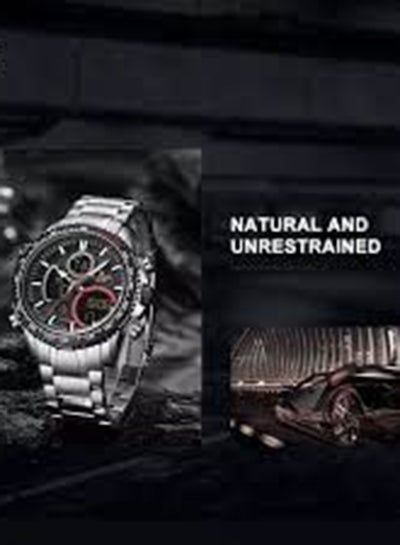 ساعة يد رجالية من الستانلس ستيل، أنالوج ورقمية، NF9182 S/B - 46 ملم - فضي